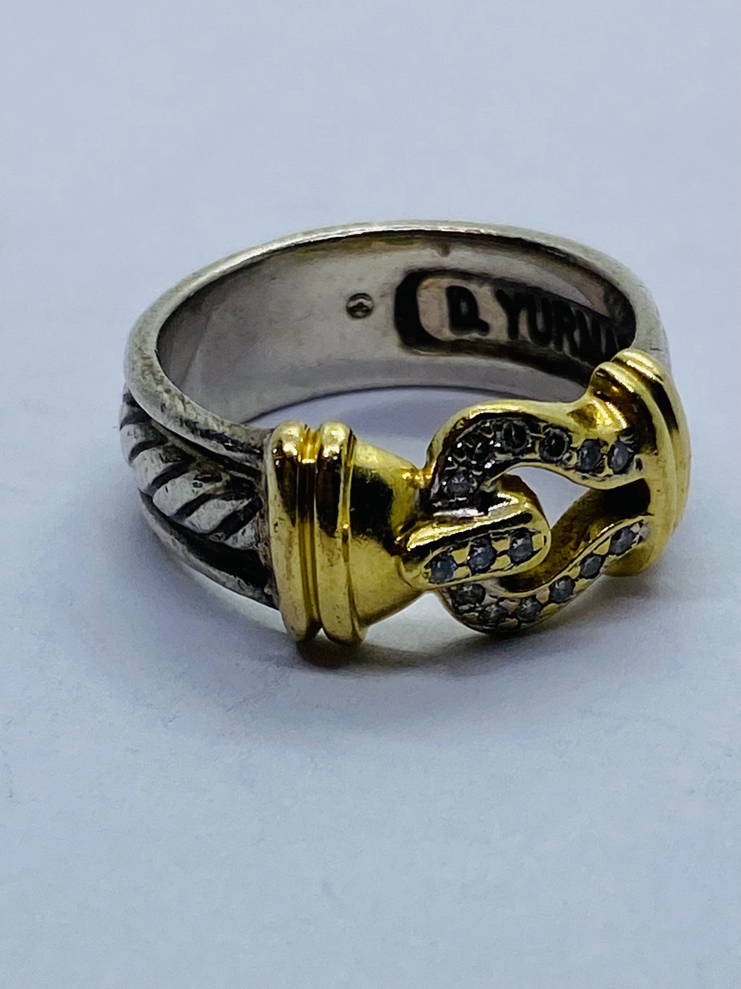 David Yurman 18K Yellow Gold & Sterling Silver .30CT Round Diamond Buckle Ring 6