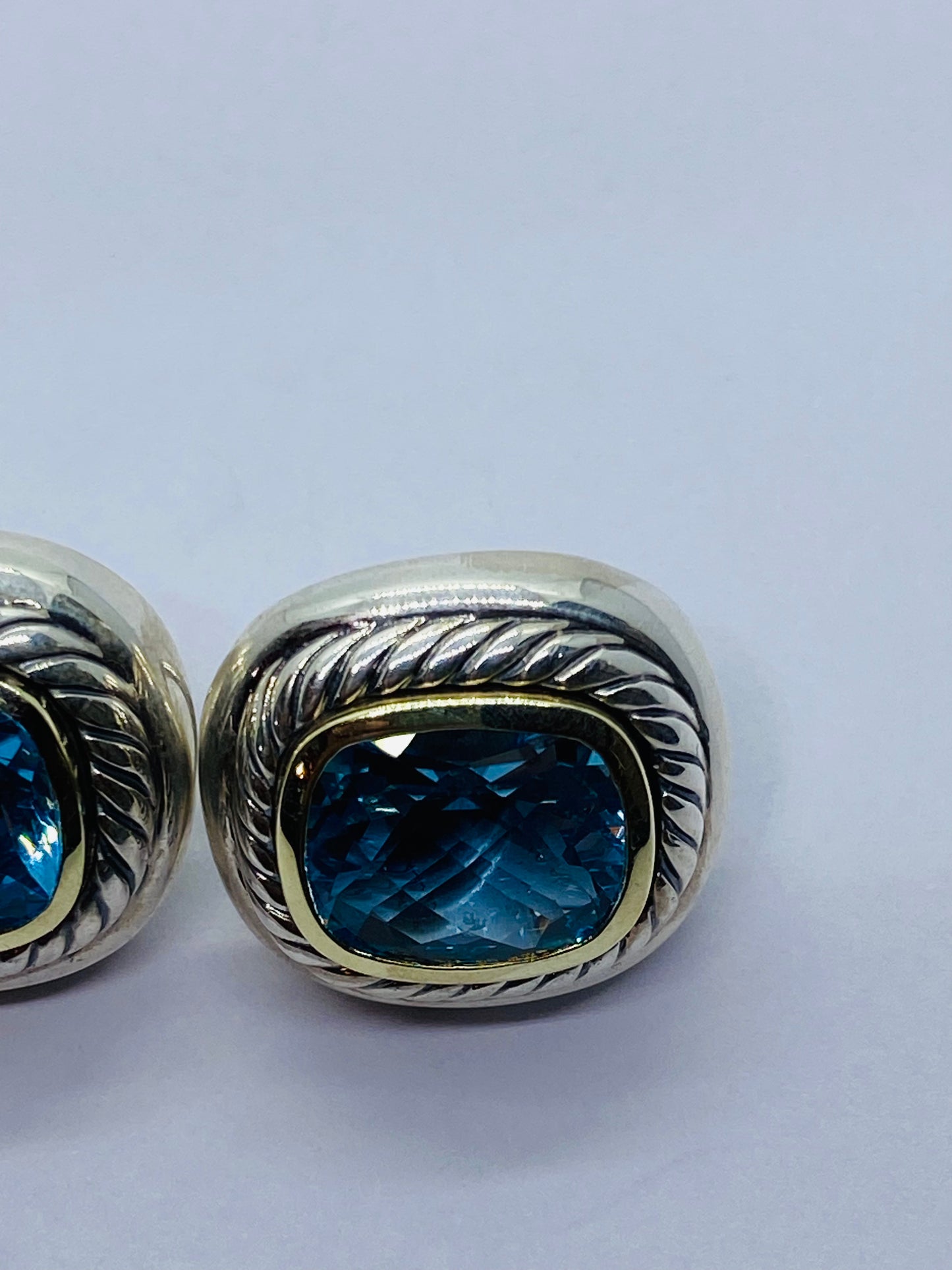 David Yurman Sterling Silver 14K Gold Albion Cushion Cut Blue Topaz Earrings