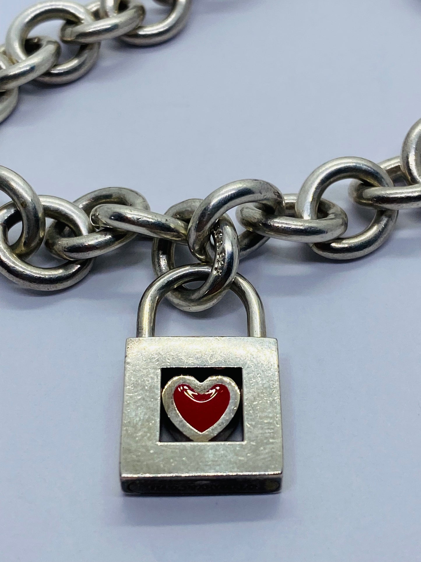 TIFFANY & CO. Bracelet 8” Red Heart Padlock Charm Sterling Silver W/Pouch