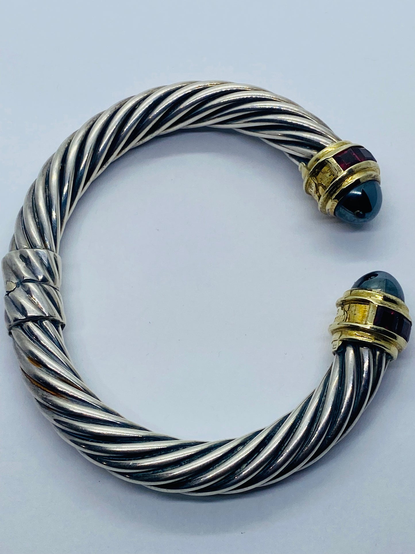 David Yurman 9.5mm Cable Hematite Pink Tourmaline 14K Gold Hinged Bracelet 7”
