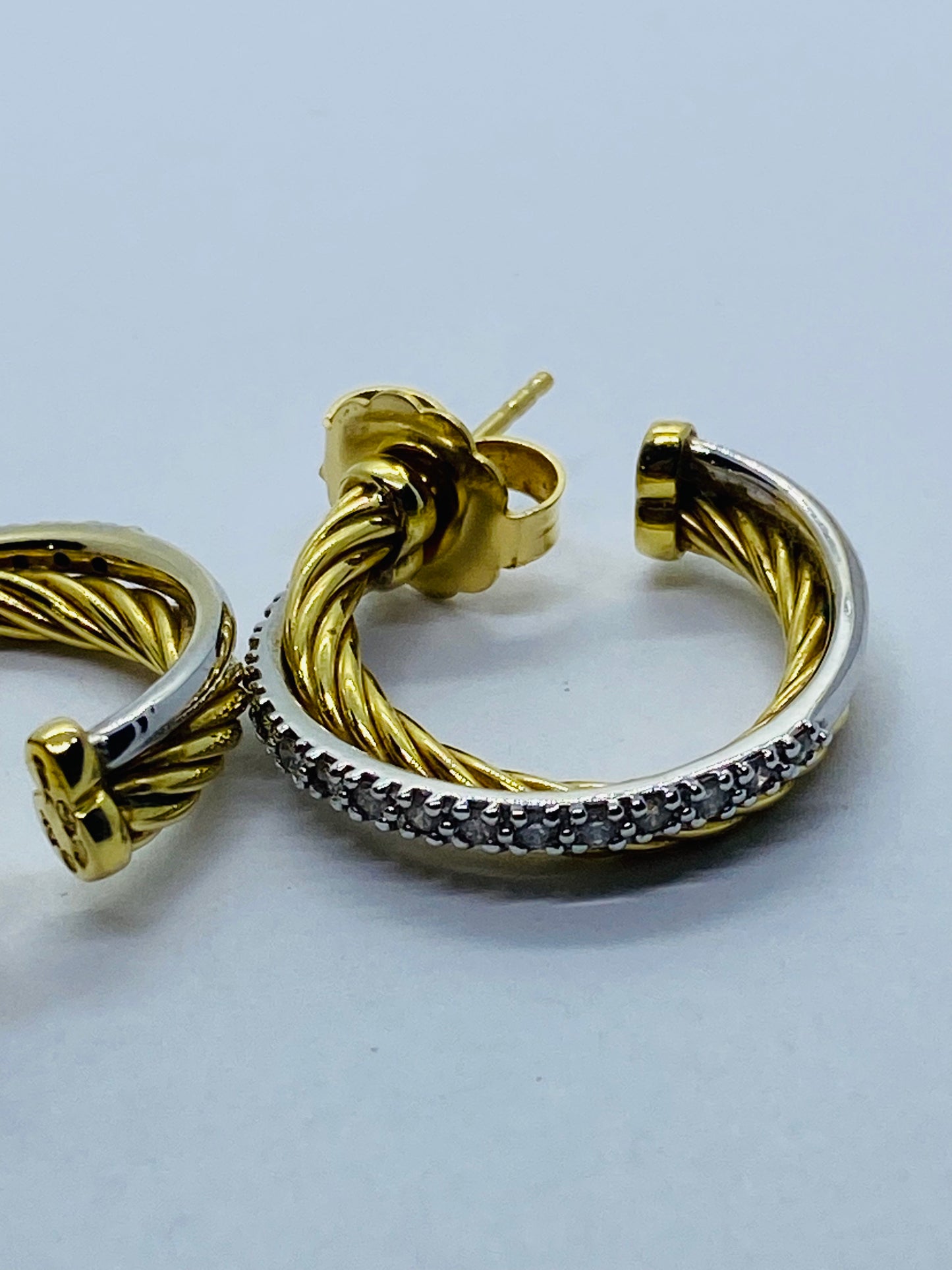 David Yurman 18k Yellow White Gold Diamond 23mm Crossover Hoop Earrings .68CT