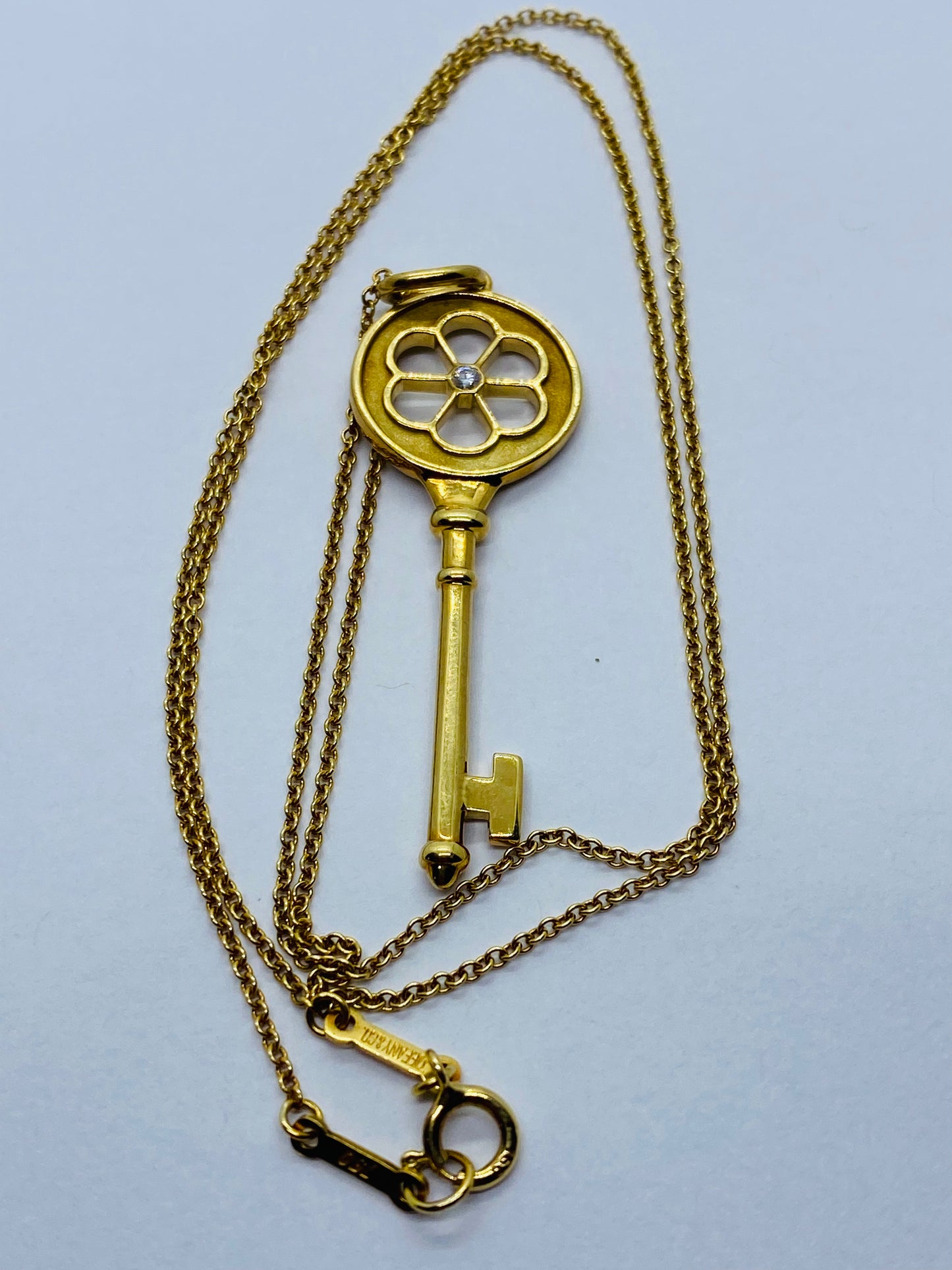 TIFFANY & CO 18K YELLOW GOLD DIAMOND KEY PENDANT WITH NECKLACE 18.5” LONG