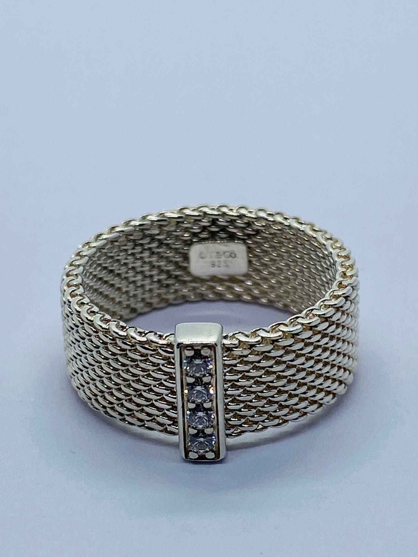 Tiffany & Co Sterling Silver Diamond Mesh Somerset Wide Band Ring. Retired