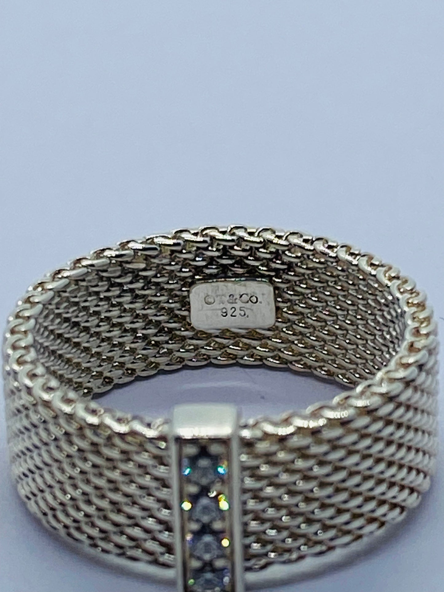Tiffany & Co Sterling Silver Diamond Mesh Somerset Wide Band Ring. Retired