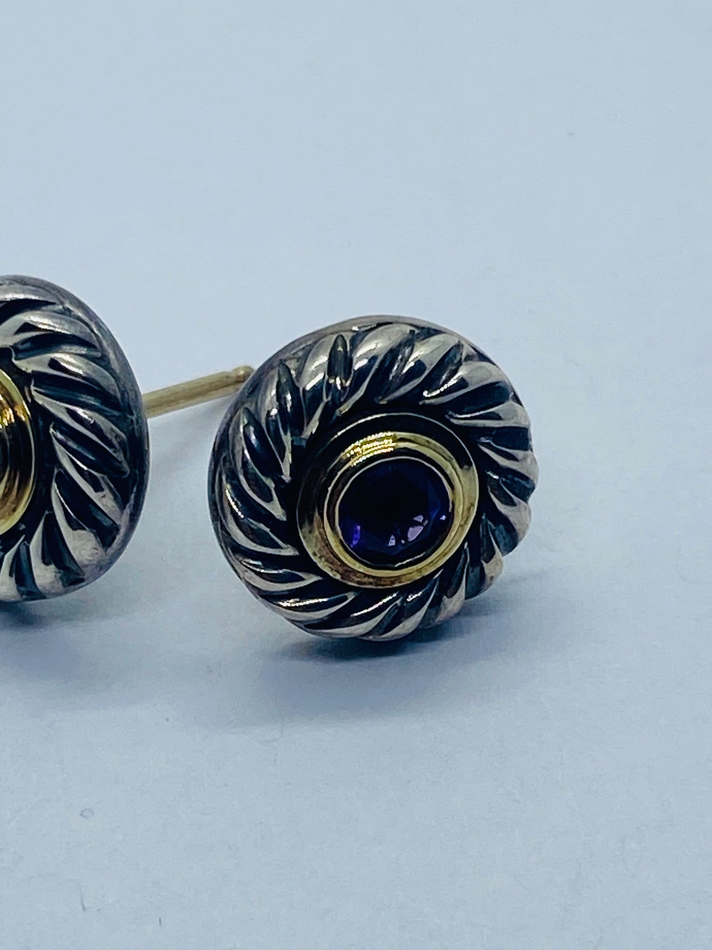 Estate DAVID YURMAN Sterling Silver 14K Gold Amethyst Cookie Pierced Earrings