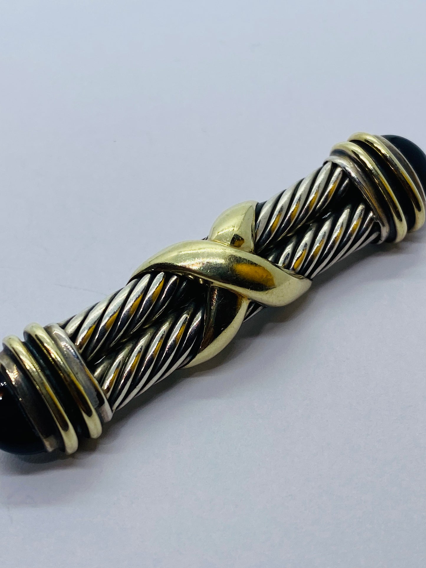 David Yurman Double Cable X Black Onyx 925 Silver 14K Gold Bar Brooch/Tie Pin