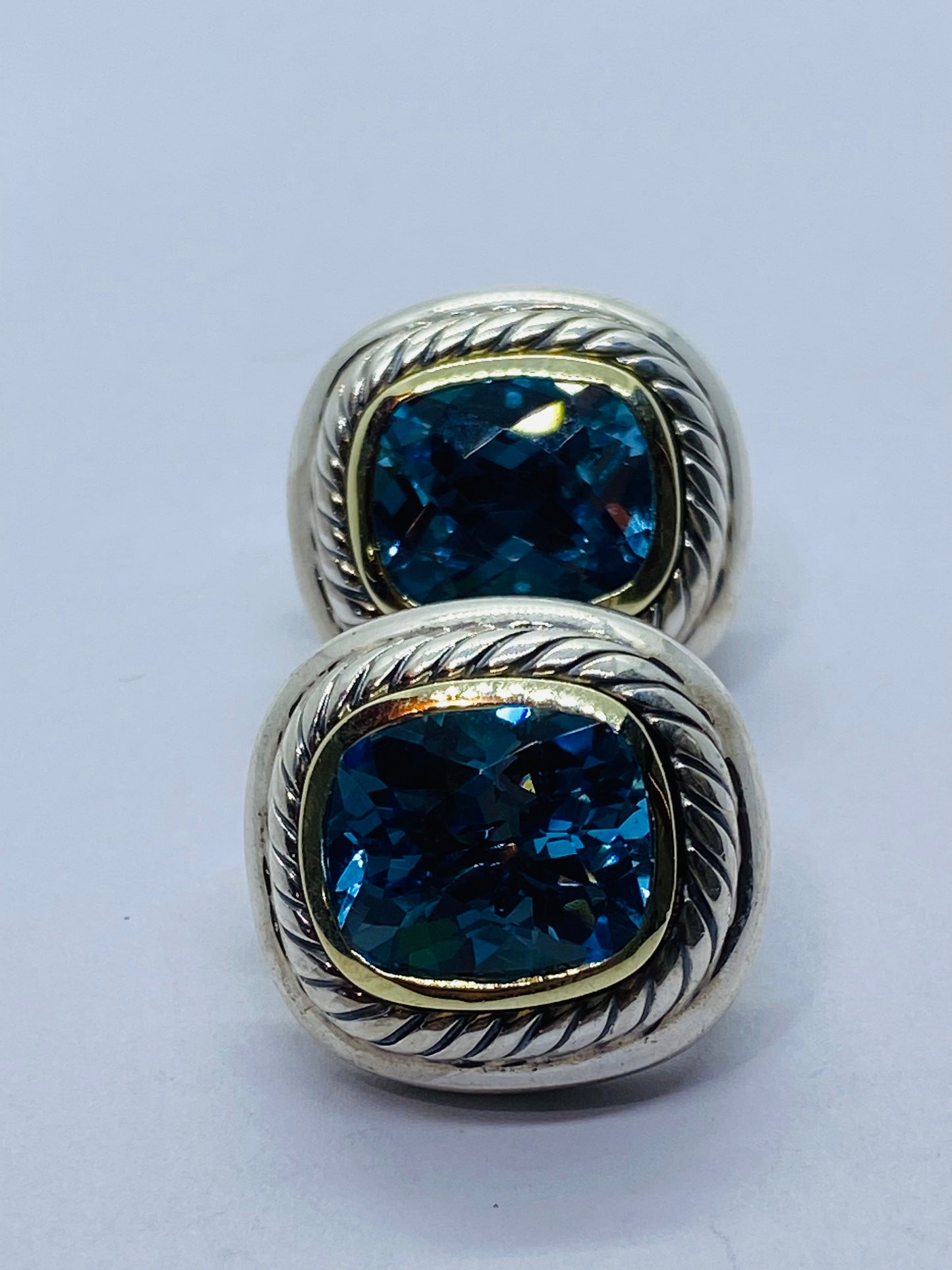 David Yurman Sterling Silver 14K Gold Albion Cushion Cut Blue Topaz Earrings
