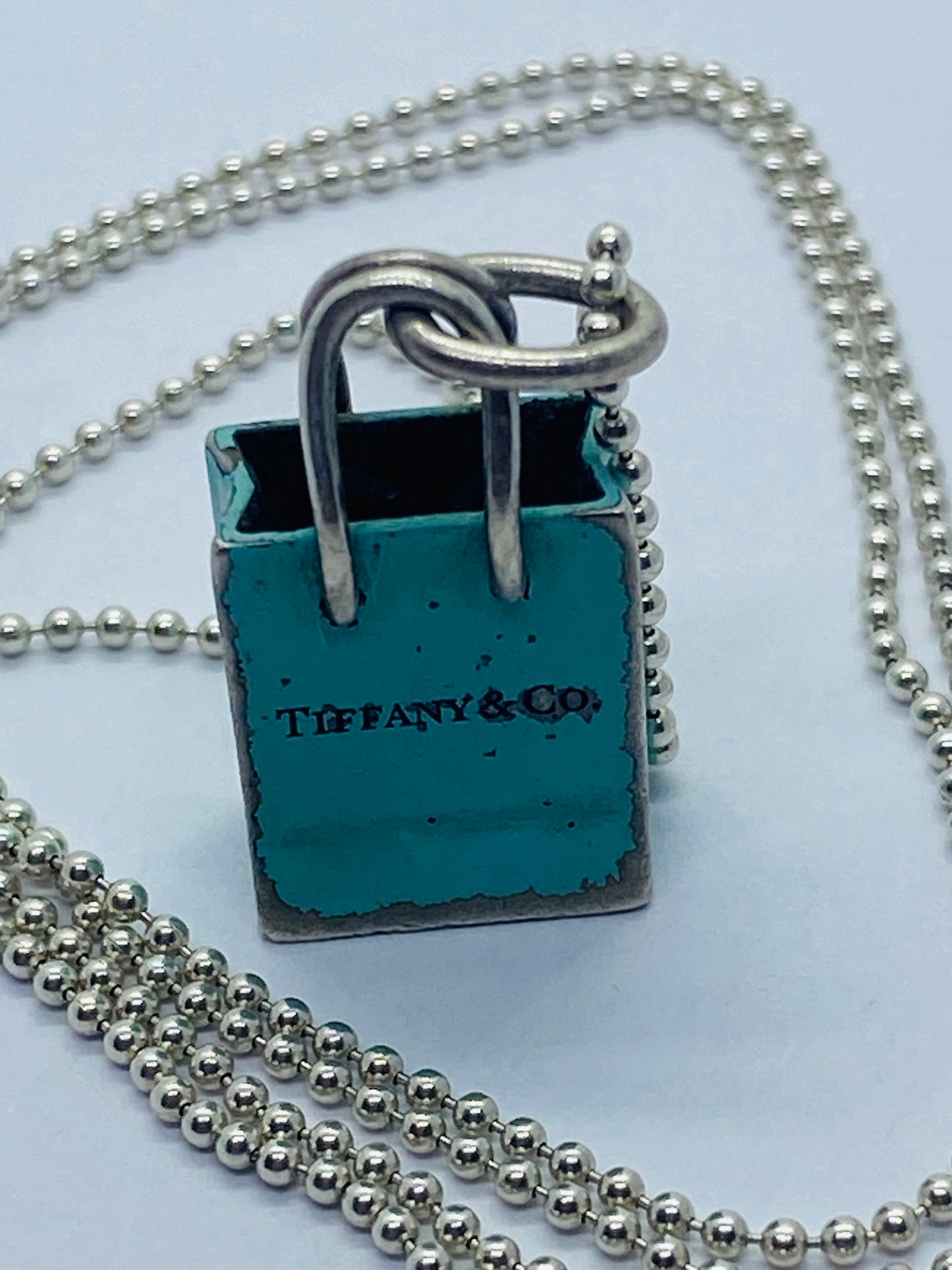 Tiffany & Co Sterling Silver Blue Enamel Shopping Bag Charm Pendant 20”