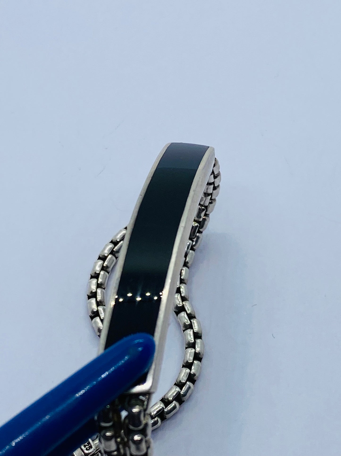 David Yurman Sterling Silver & Onyx ID Bracelet Double Box Chain Link 8.5”