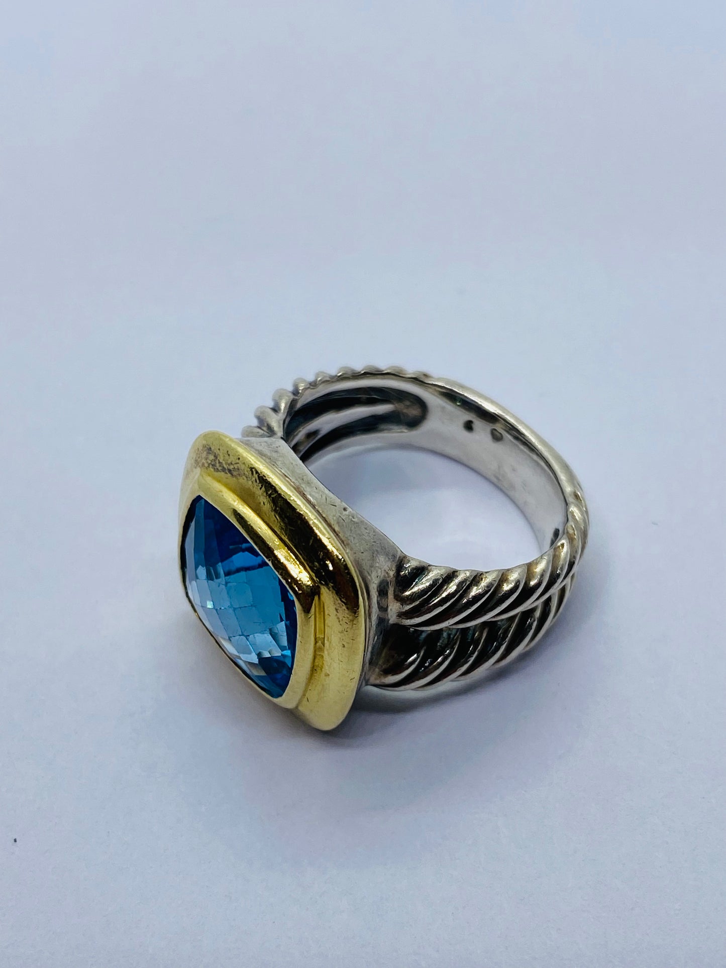 David Yurman Split Shank Sterling Silver & 18K W 11mm Blue Topaz Ring Sz 6
