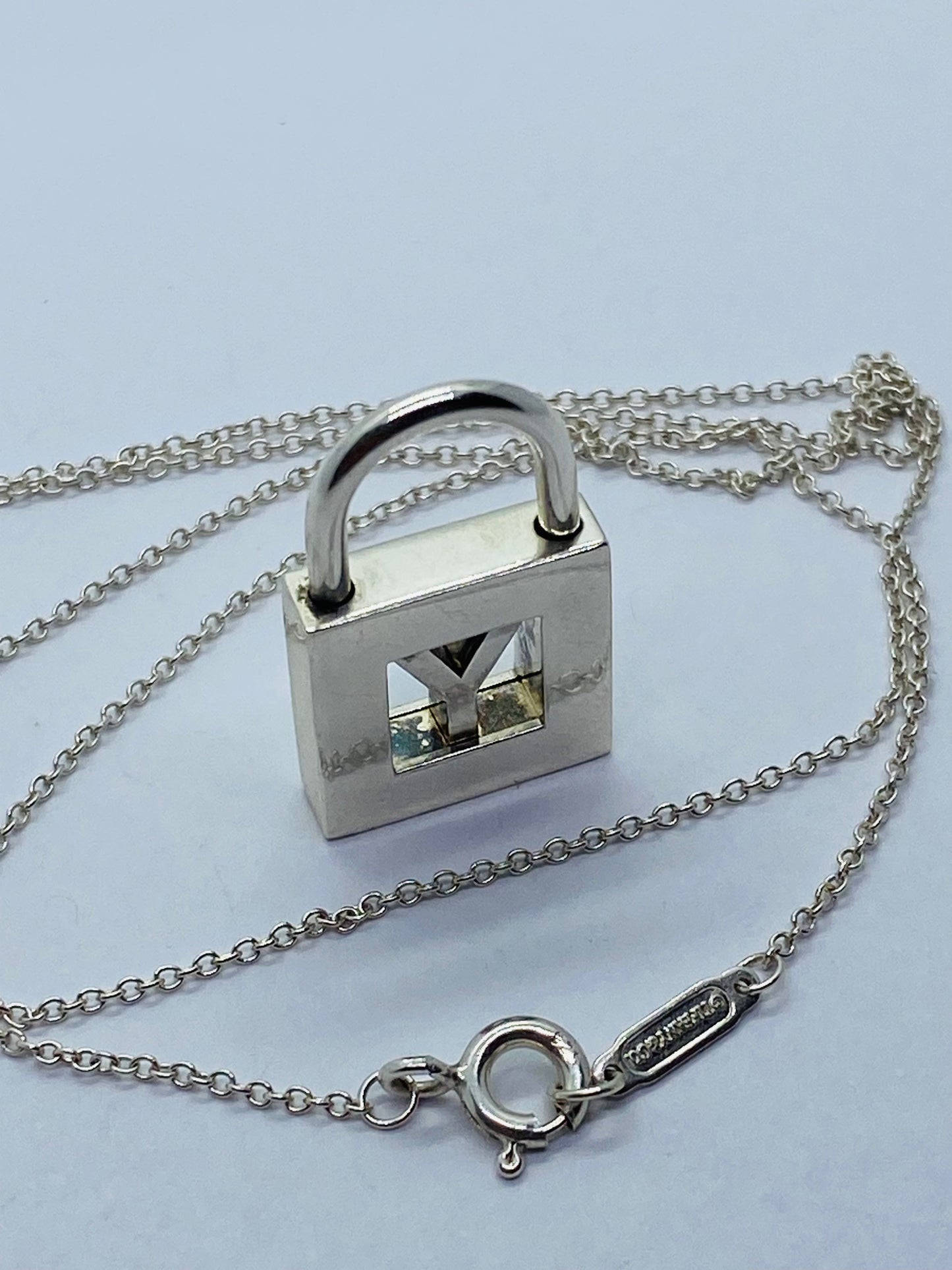 Tiffany & Co Silver Alphabet Letter "Y" Padlock Charm Pendant 17.5” Necklace