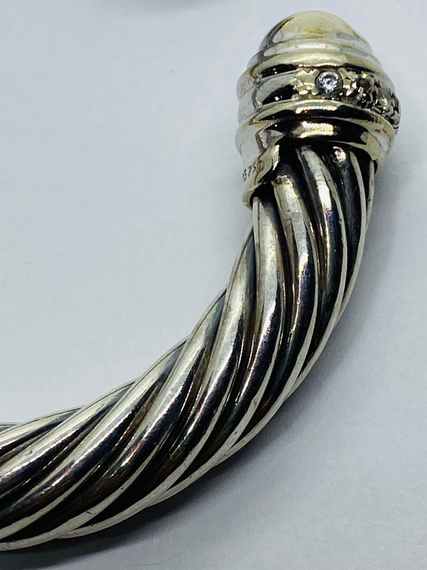 David Yurman Silver 18K 750 Yellow Gold Dome Hinge Diamond 9MM Cable Bracelet