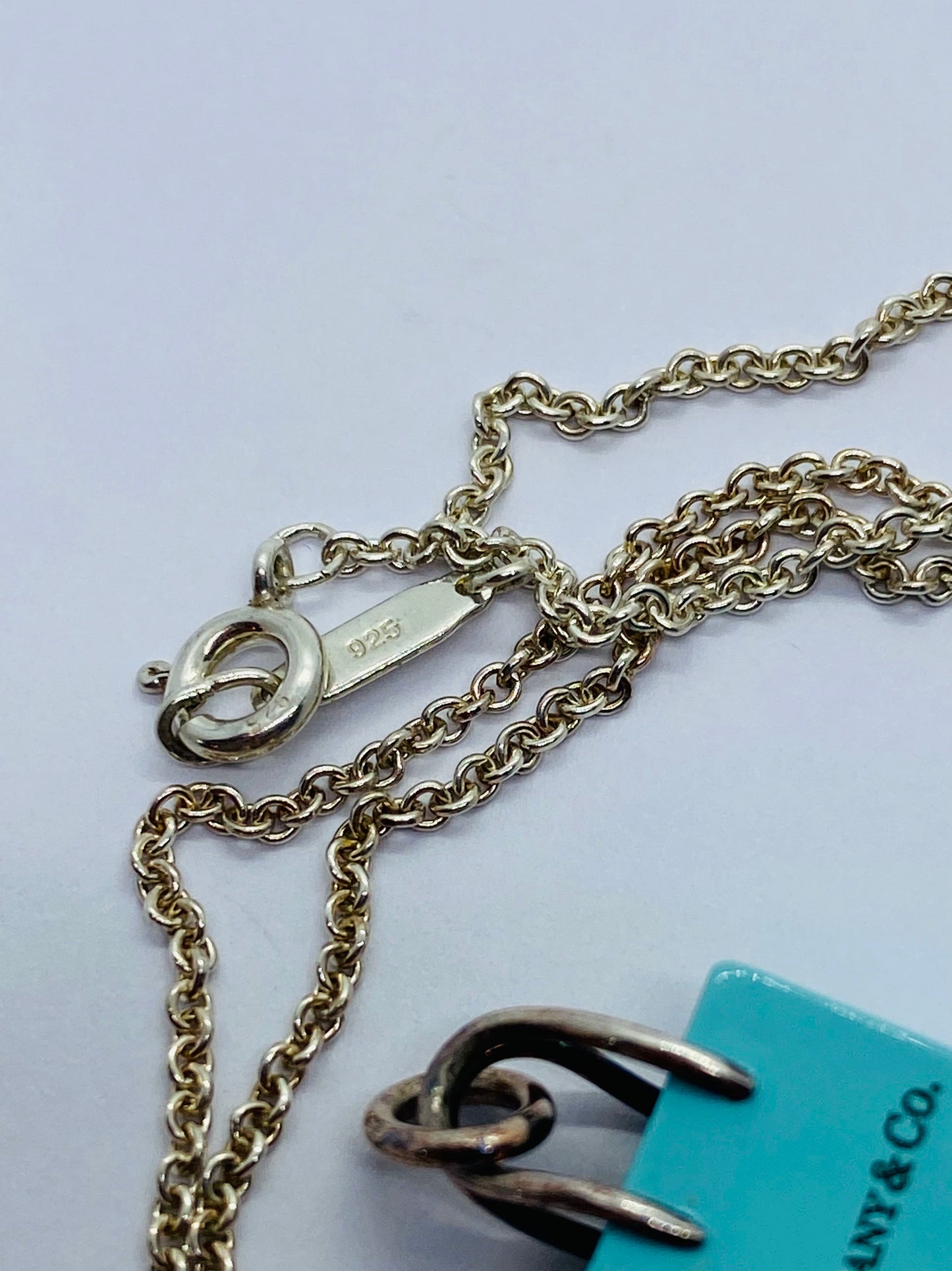 Tiffany & Co Sterling Silver Blue Enamel Shopping Bag Charm Pendant Necklace 25”