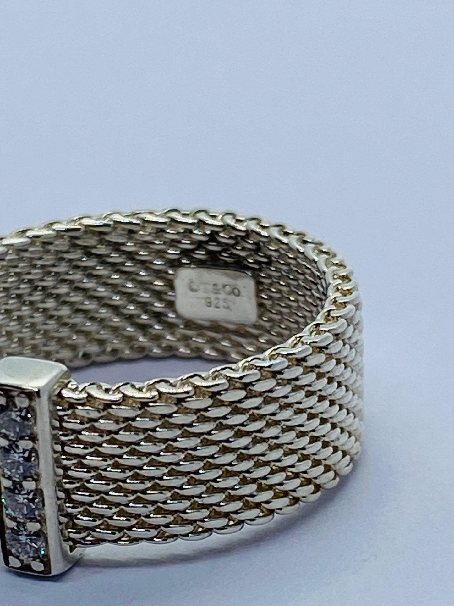Tiffany & Co Sterling Silver Diamond Mesh Somerset Wide Band Ring. Retired