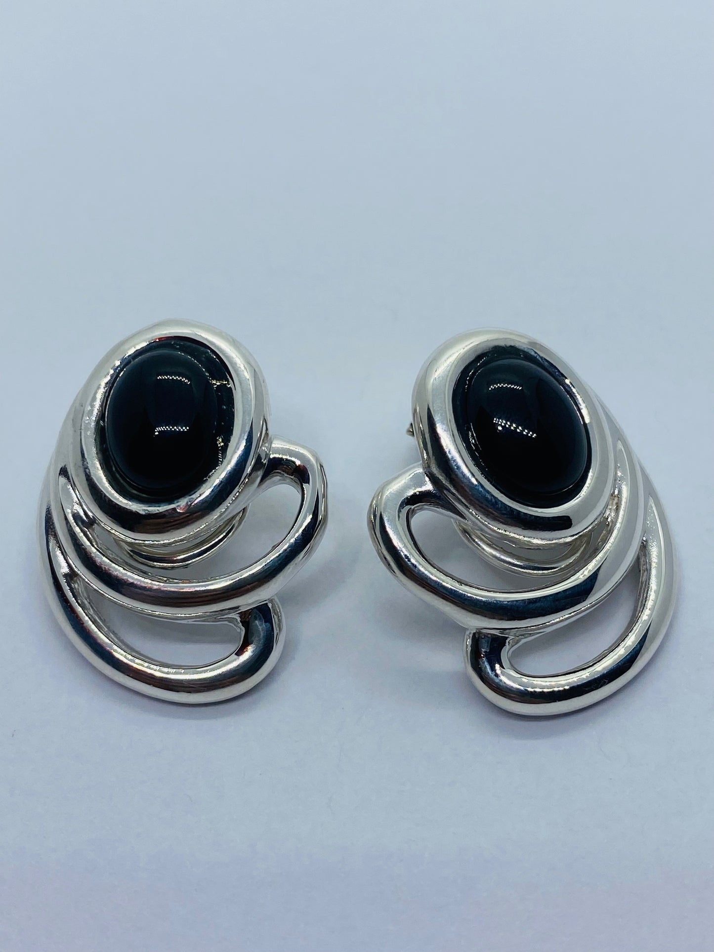Tiffany & Co. Vintage Sterling Silver Onyx Spray Splash Clip On Earrings 1984