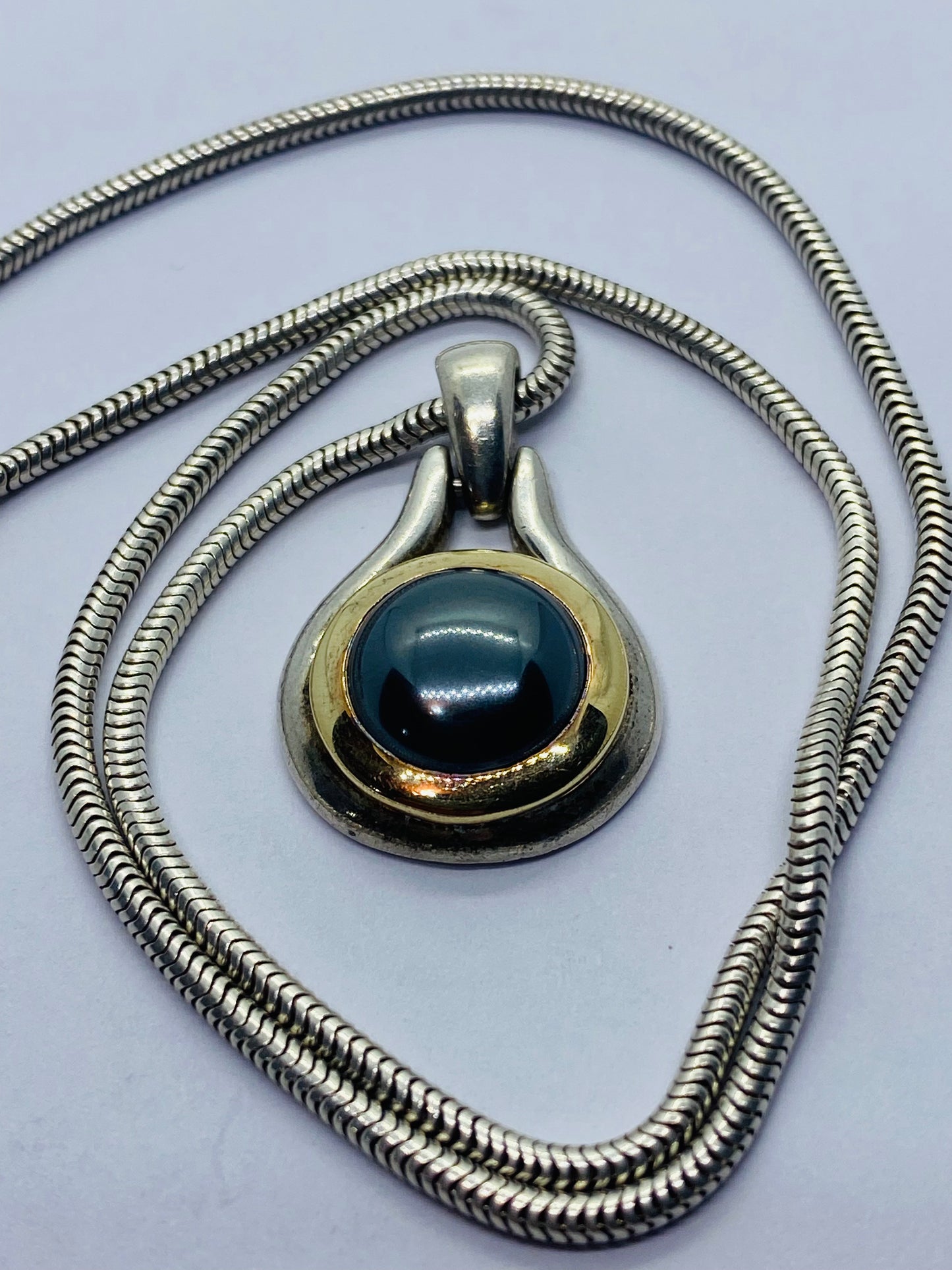 Vintage Tiffany & Co 18K Yellow Gold Silver Hematite Pendant Snake Necklace Rare