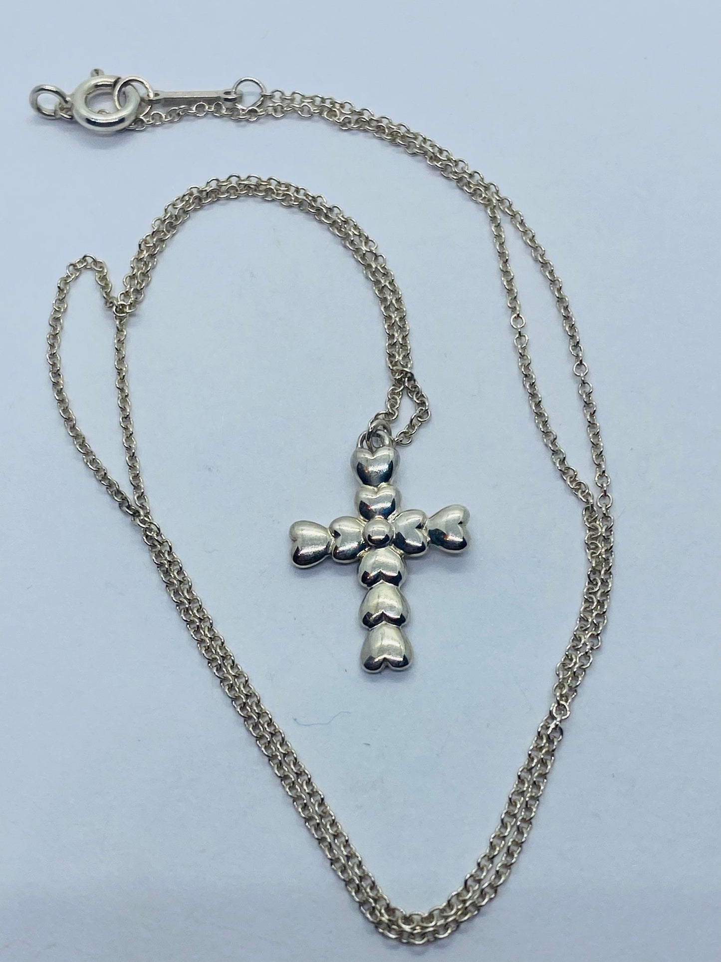 Tiffany & Co Silver Crown of Hearts Cross Pendant 16” Chain Necklace Pouch & Box
