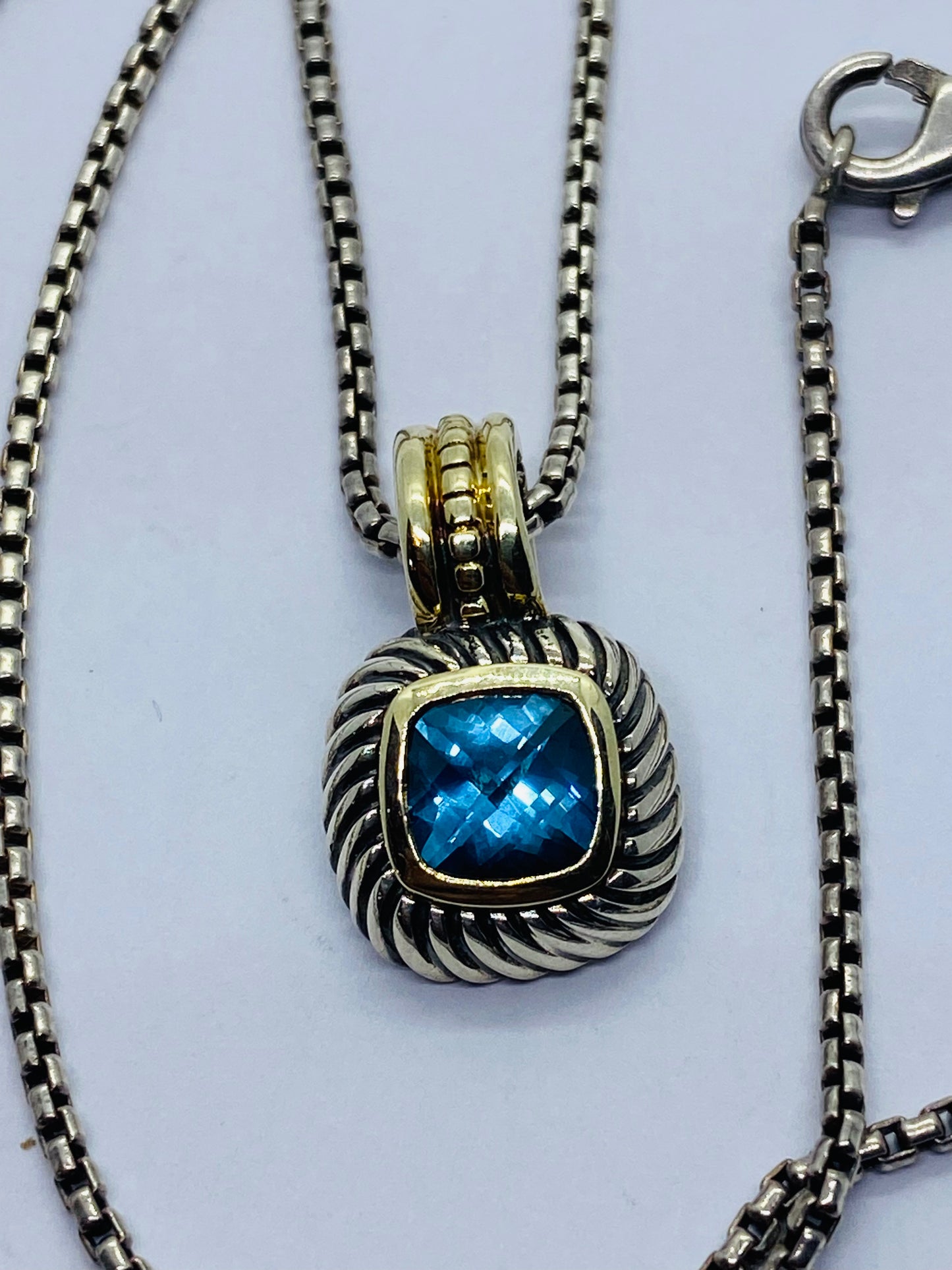 David Yurman Sterling Silver & 14k Blue Topaz Albion Pendant Enhancer 16.5”