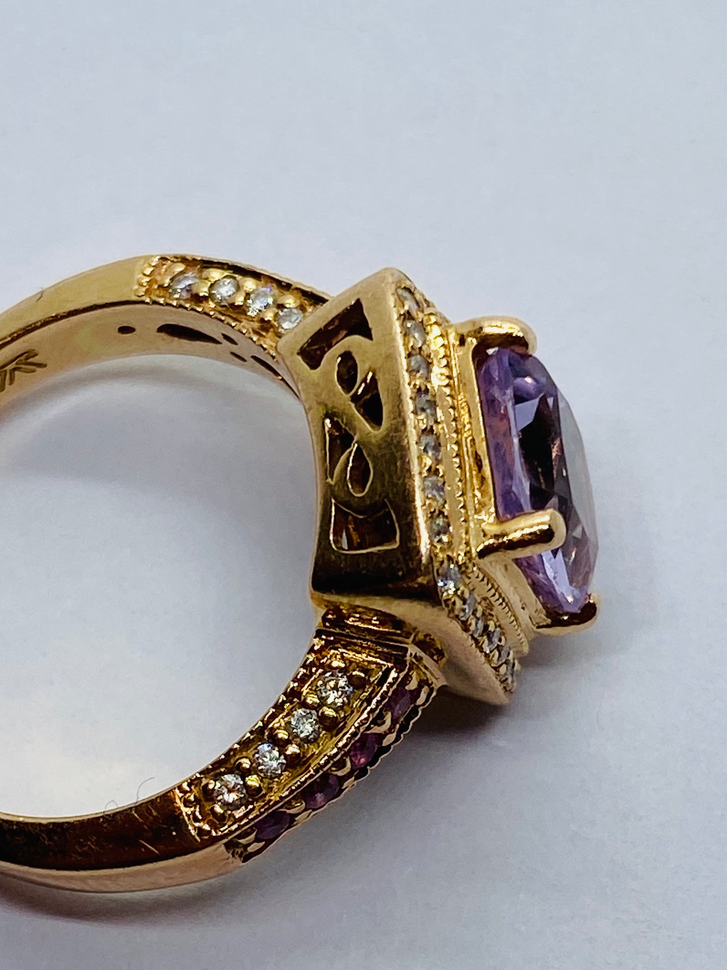LeVian 14K Rose Gold Amethyst Pink Sapphire Diamond Halo Cocktail Ring READ!