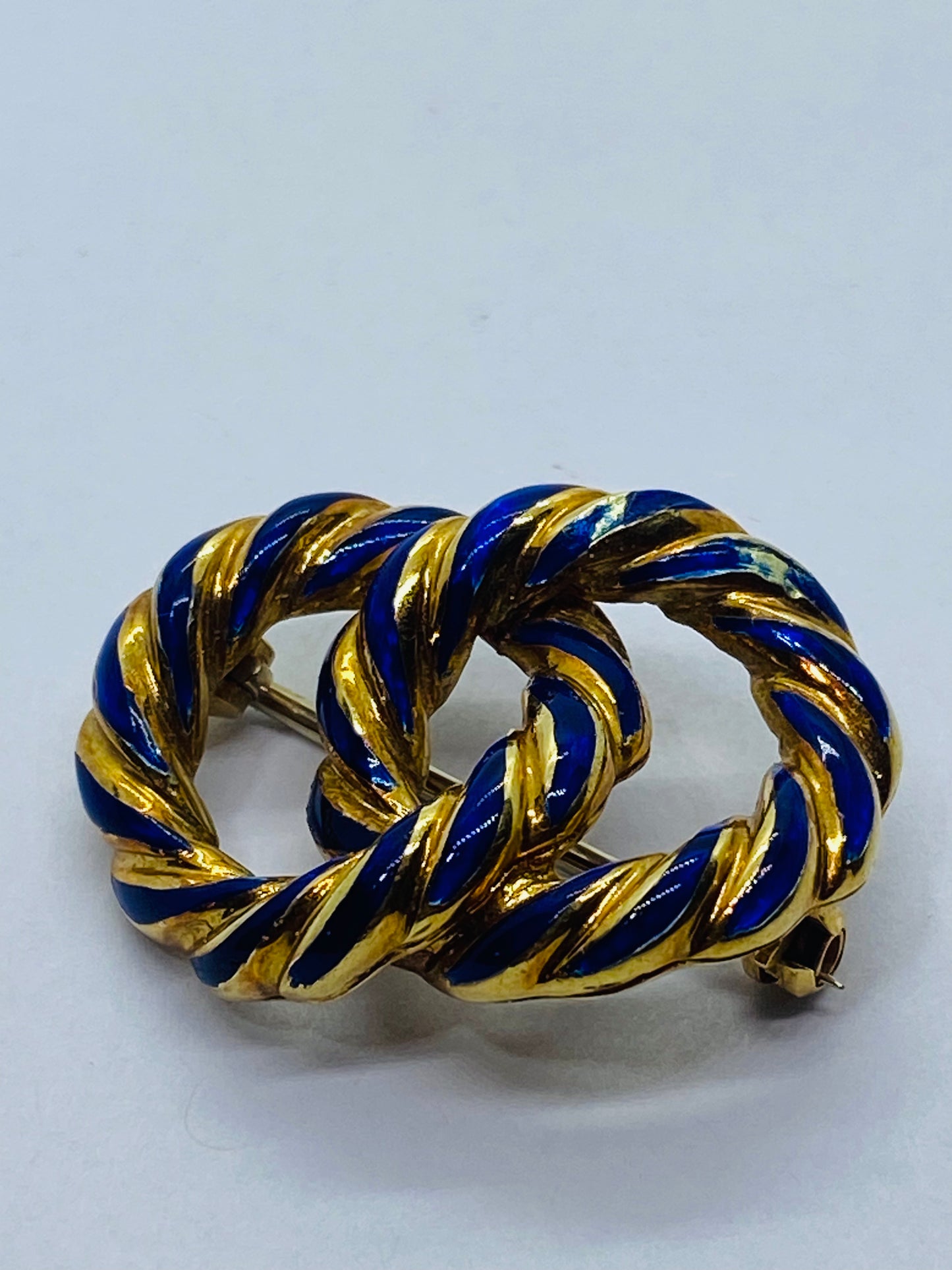 Vintage Tiffany & Co. 18K Yellow Gold & Blue Enamel Intertwined Circles Brooch