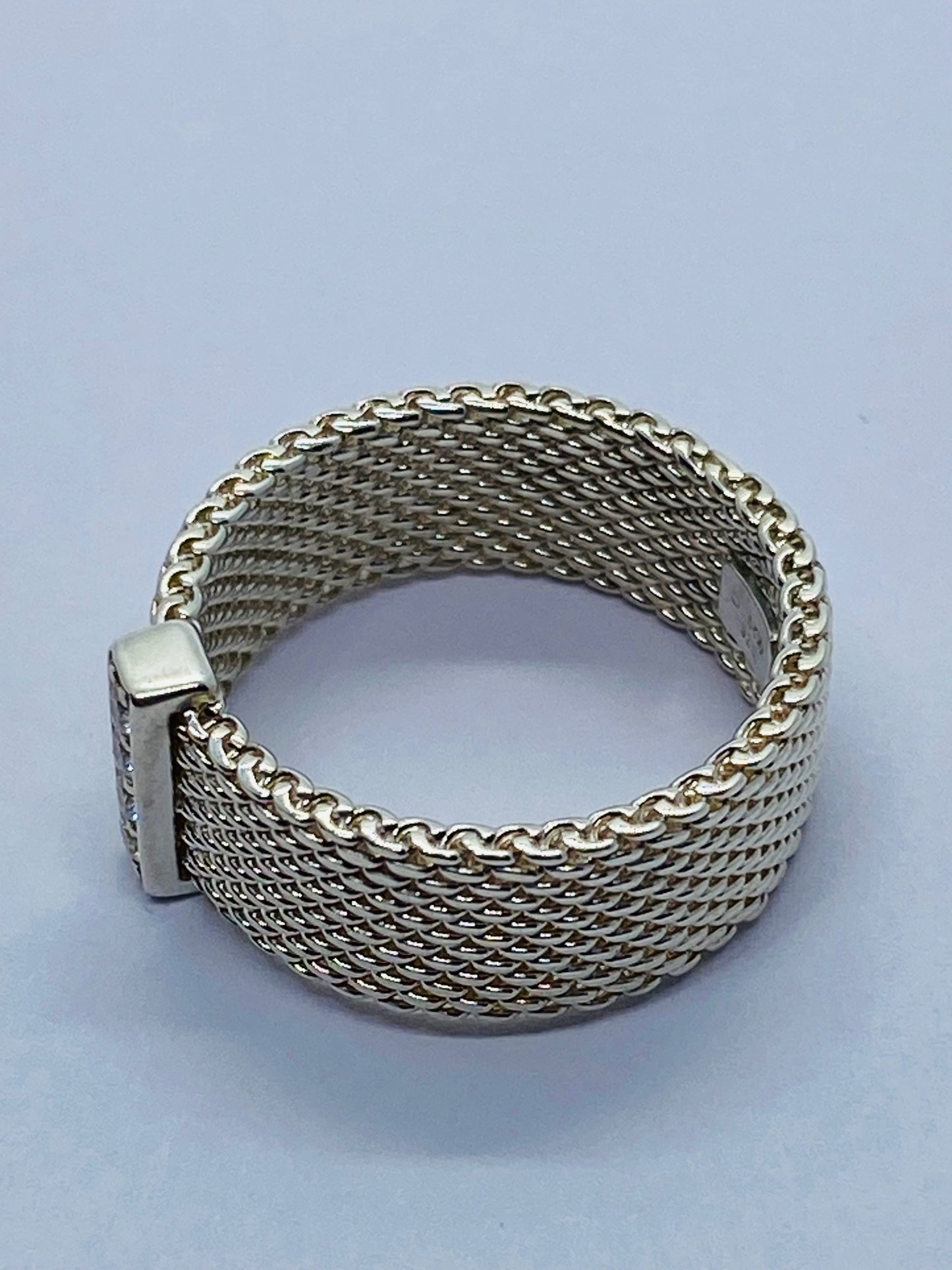 Tiffany & Co Sterling Silver Diamond Mesh Somerset Wide Band Ring. Retired