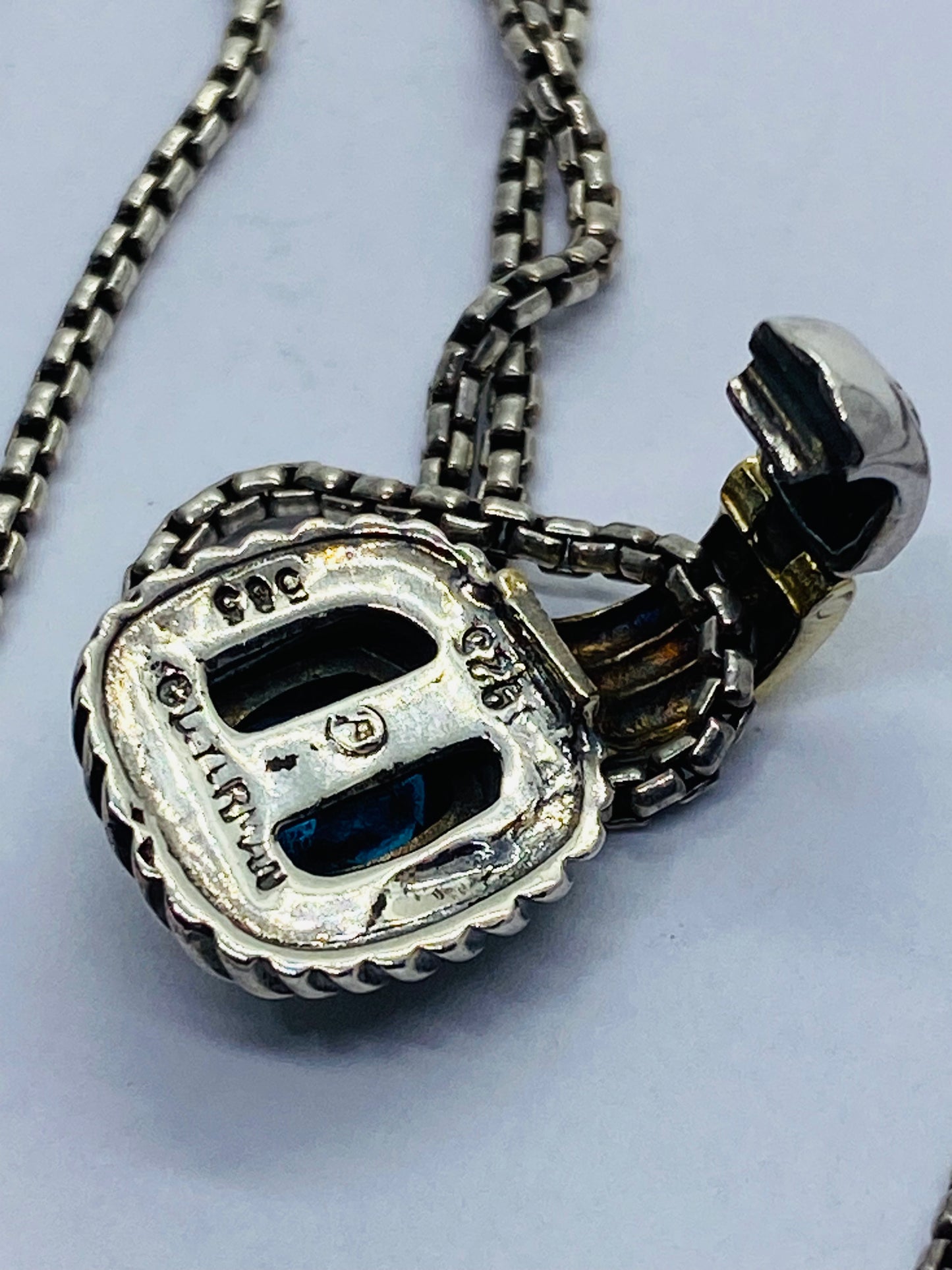 David Yurman Sterling Silver & 14k Blue Topaz Albion Pendant Enhancer 16.5”