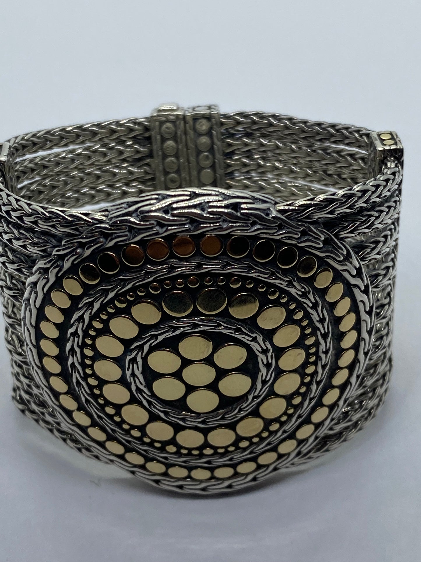 John Hardy 18K Yellow Gold 925 Sterling Mesh Dot Multi Strand (9) Bracelet 53MM