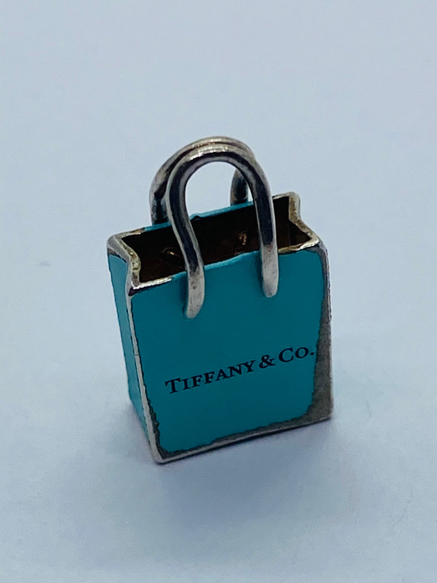 Tiffany & Co Sterling Silver Blue Enamel Shopping Bag Charm Pendant Pouch