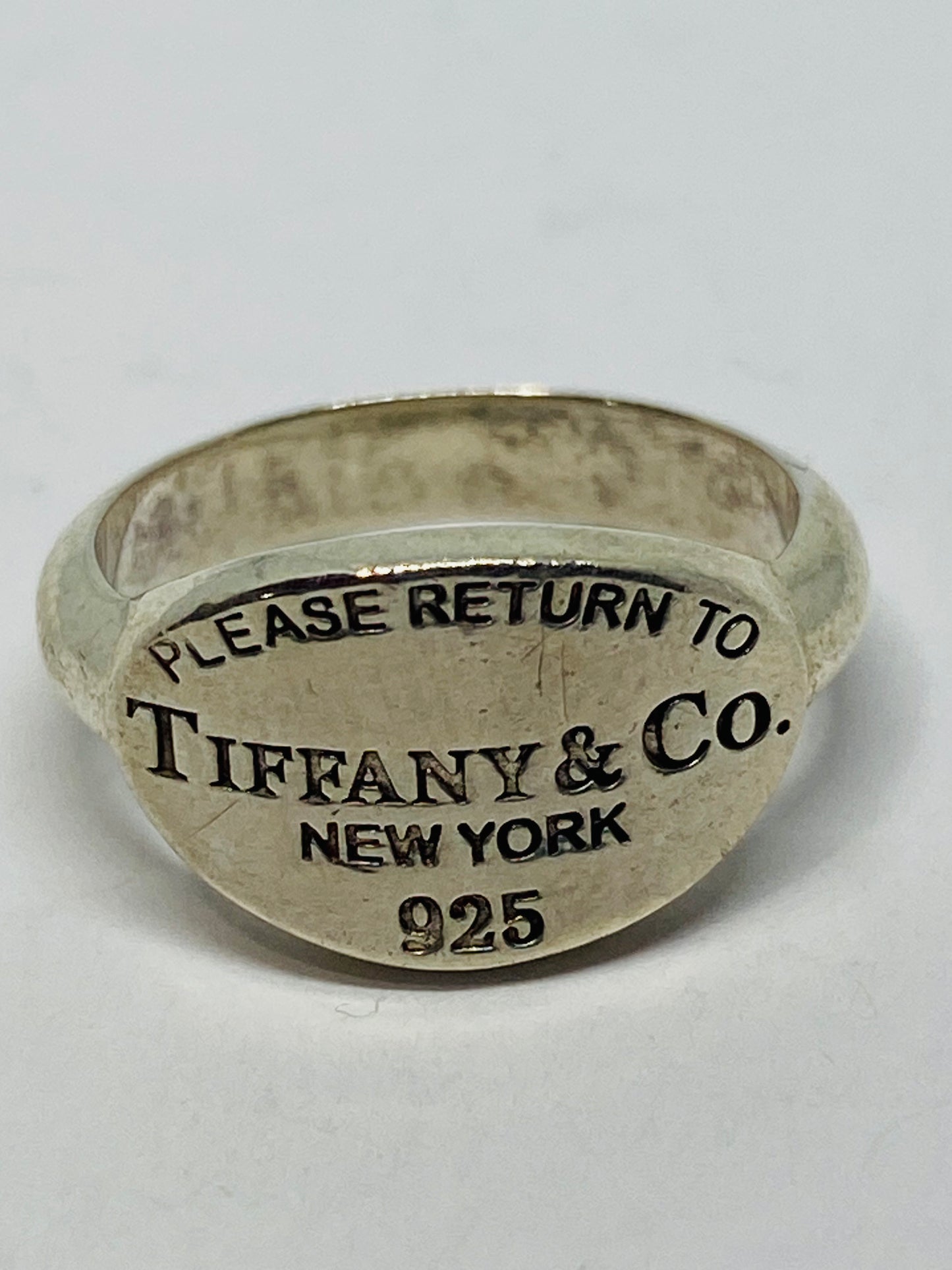 Please Return To Tiffany & Co Sterling Silver Oval Signet Band Ring 4.5