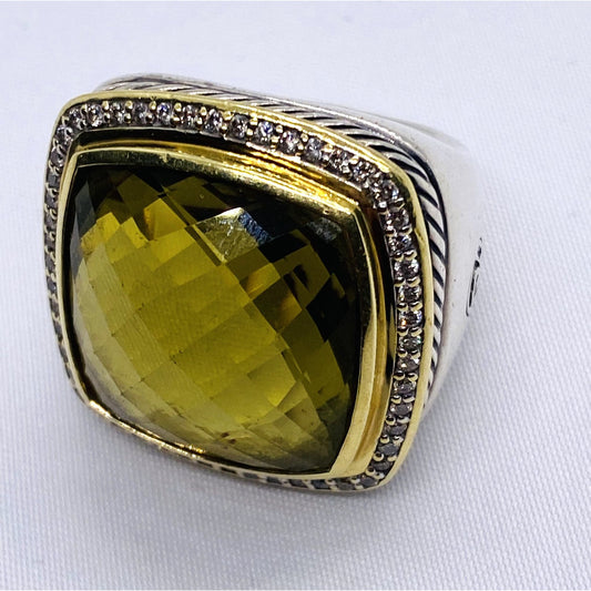 David Yurman Green-Yellowish Stone 18K 925 Diamond Ring 6.25
