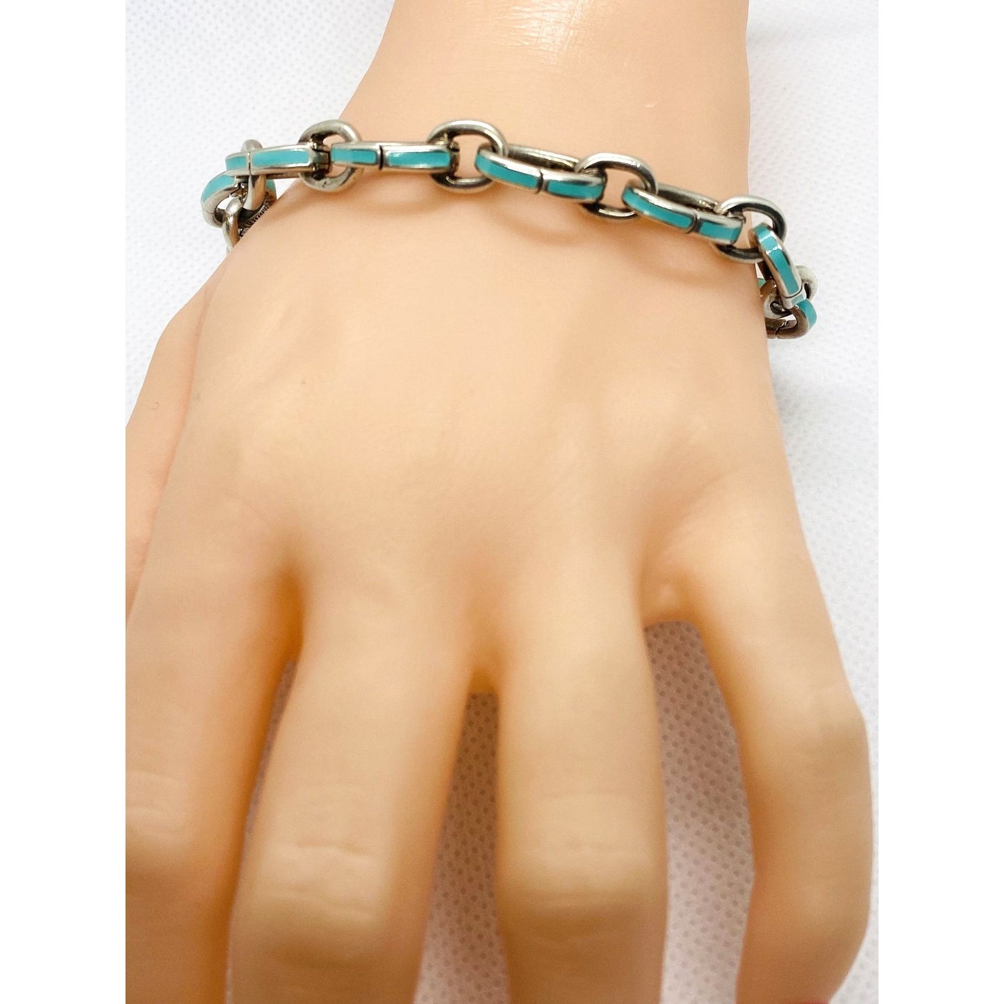 Tiffany & Co Blue Enamel Clasping Oval Link Bracelet Sterling Silver 925