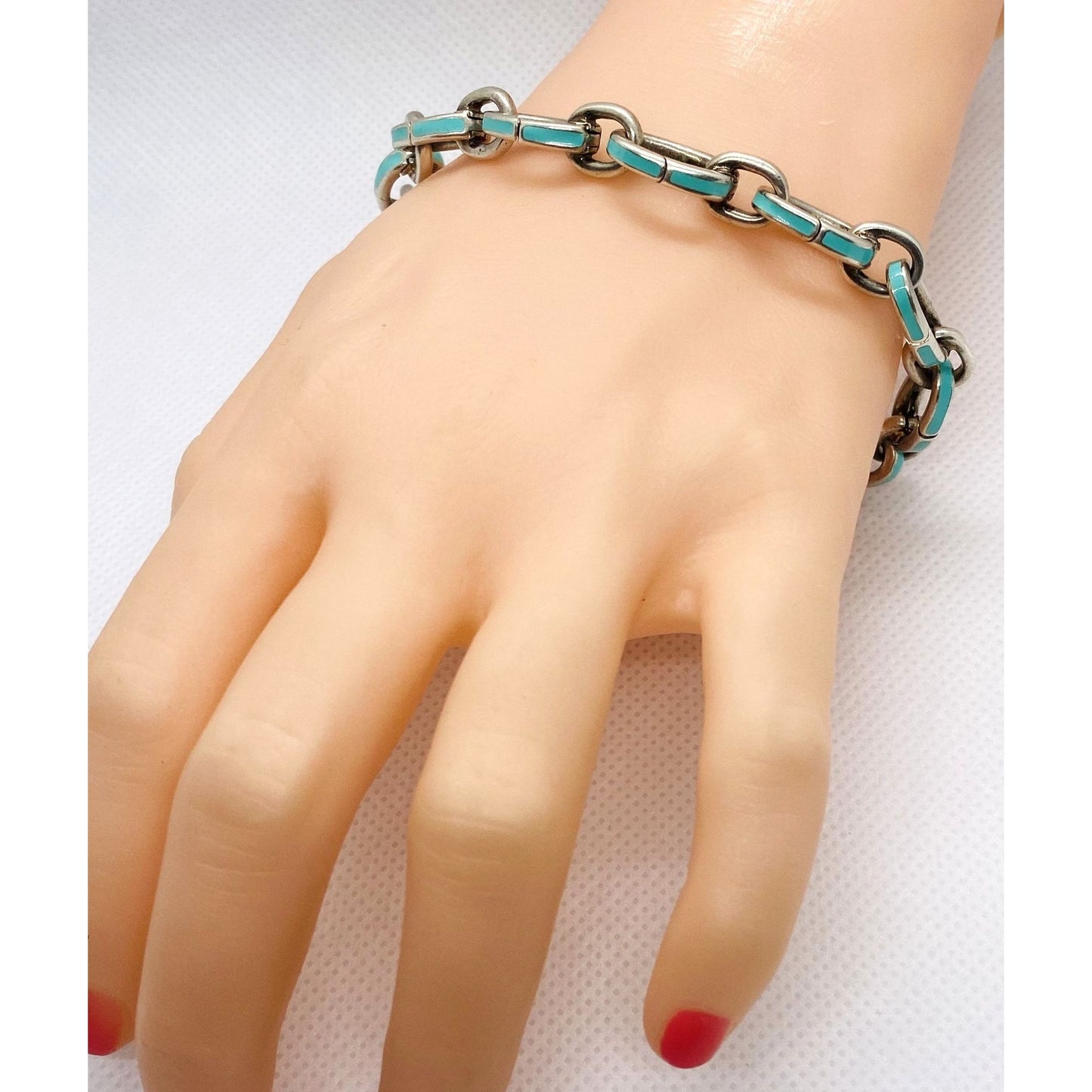Tiffany & Co Blue Enamel Clasping Oval Link Bracelet Sterling Silver 925