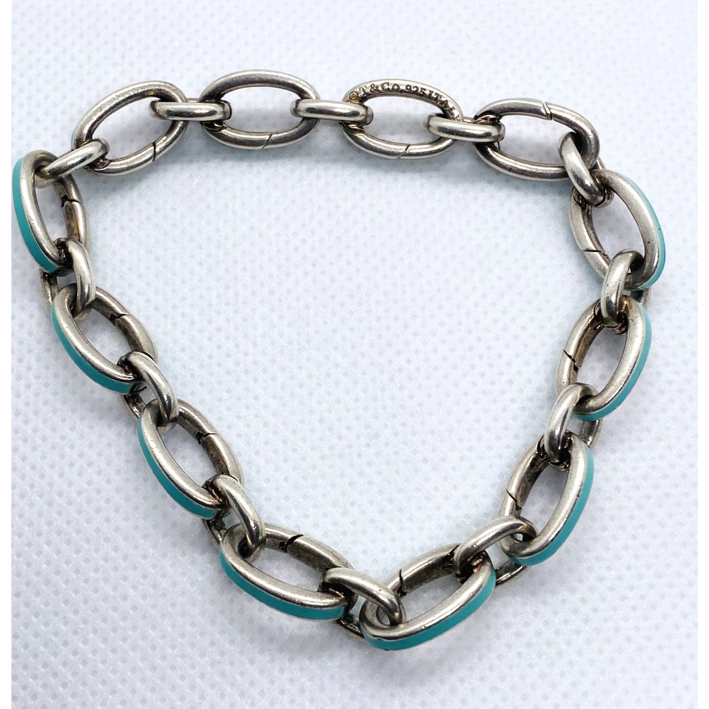 Tiffany & Co Blue Enamel Clasping Oval Link Bracelet Sterling Silver 925