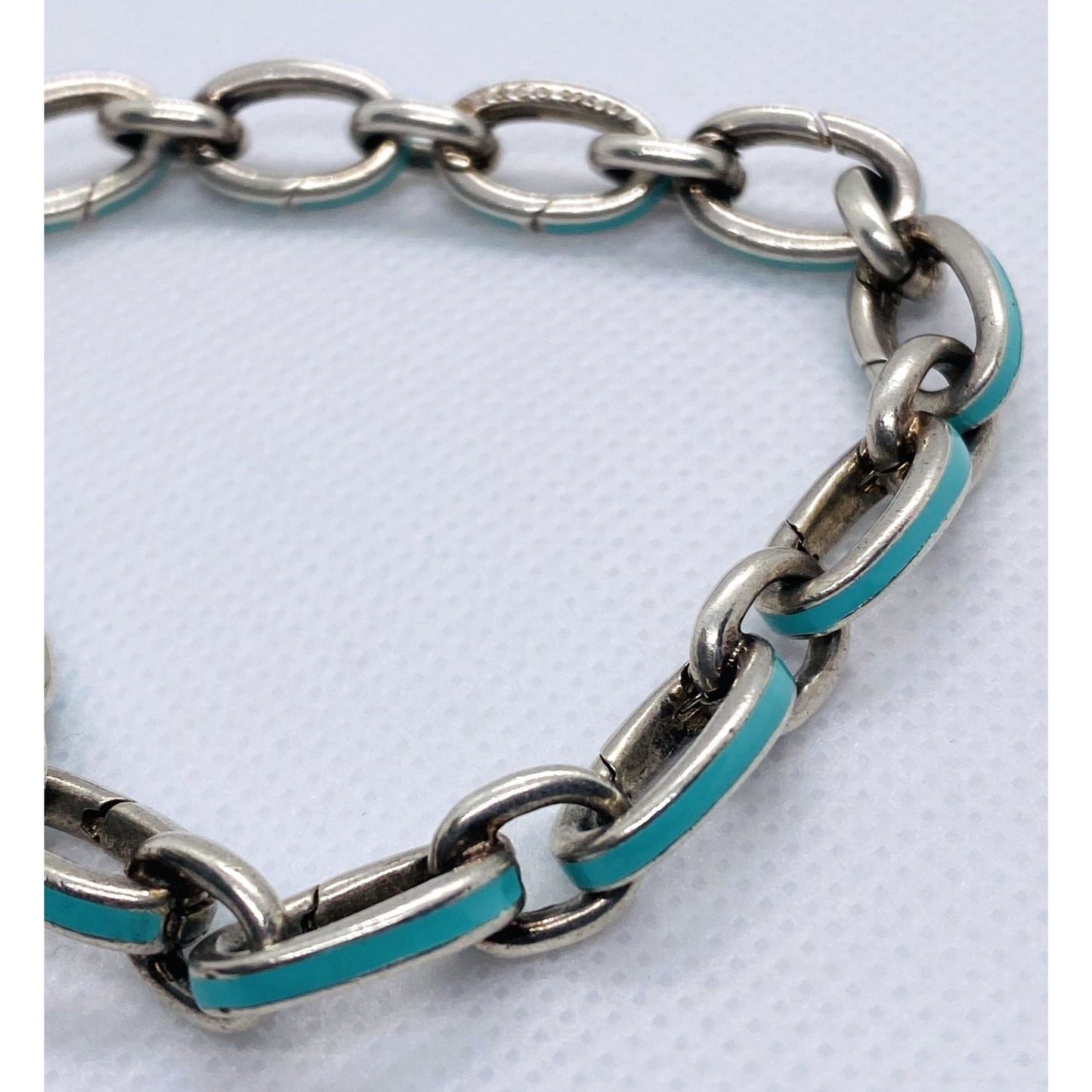 Tiffany & Co Blue Enamel Clasping Oval Link Bracelet Sterling Silver 925