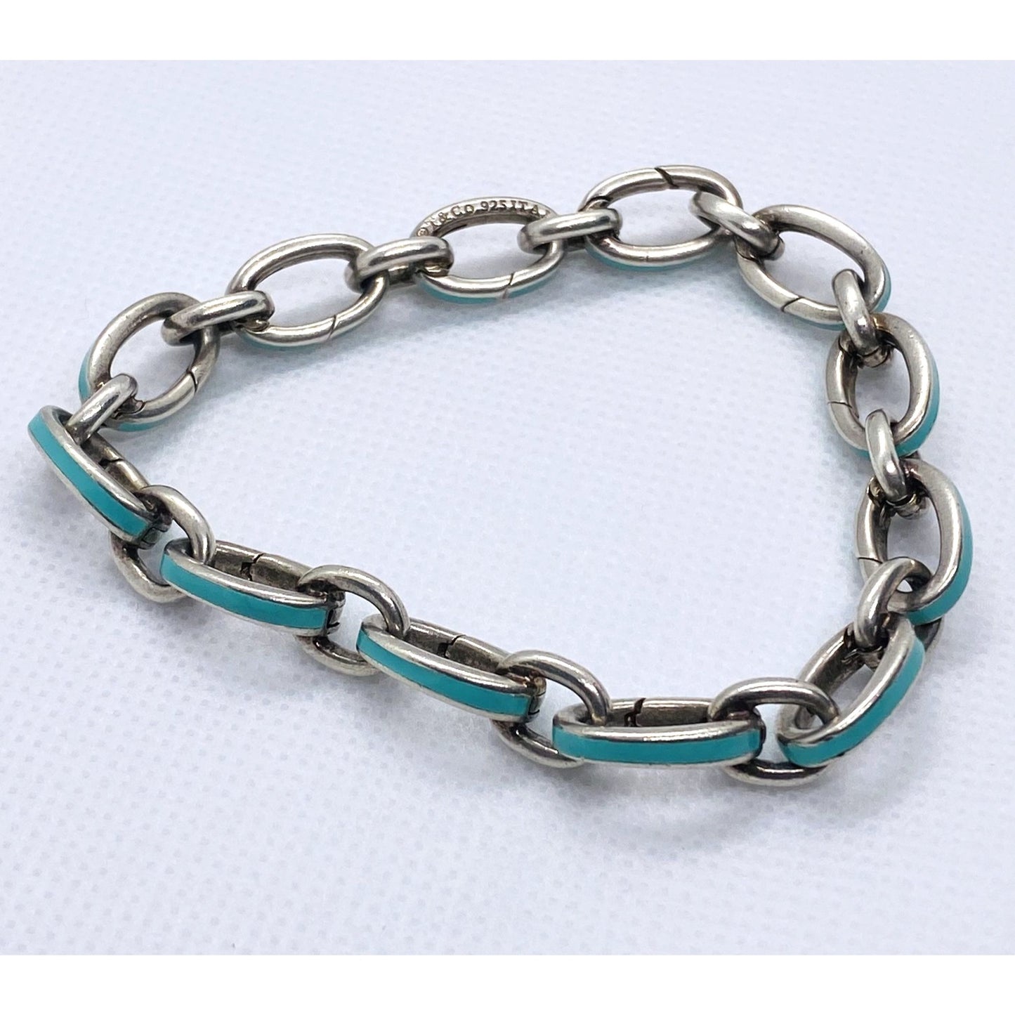 Tiffany & Co Blue Enamel Clasping Oval Link Bracelet Sterling Silver 925