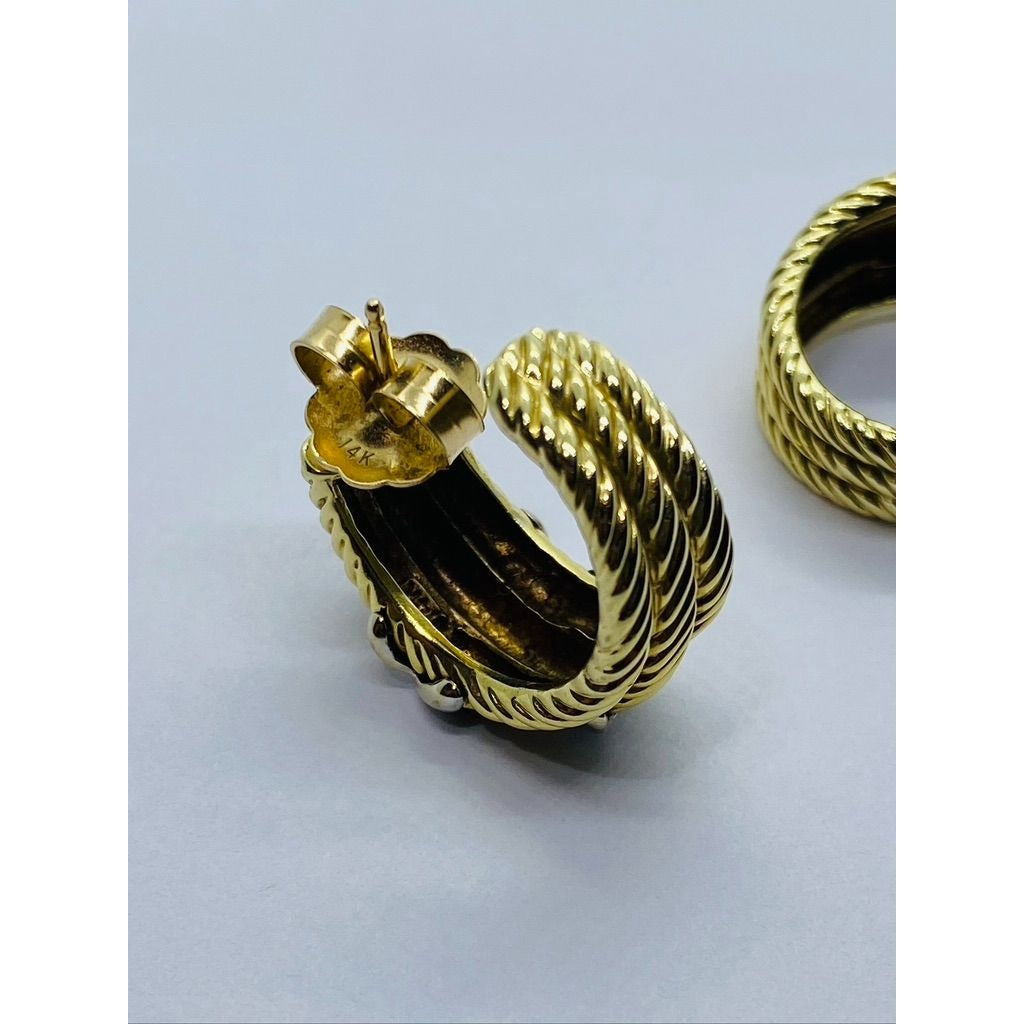 Rare David Yurman triple Cable Hoop Style X Cross Earrings 14K Gold