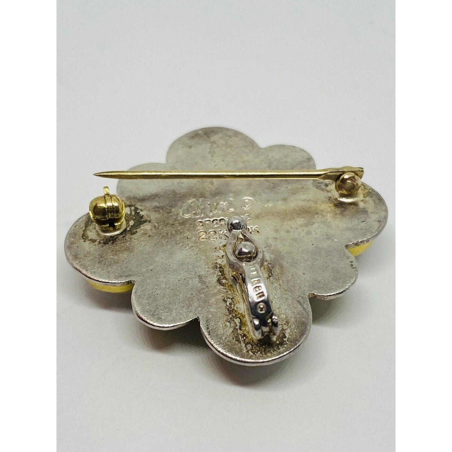 Vintage Sterling Silver 925 22K Pearl Lapis Pin Brooch Necklace 33x33MM