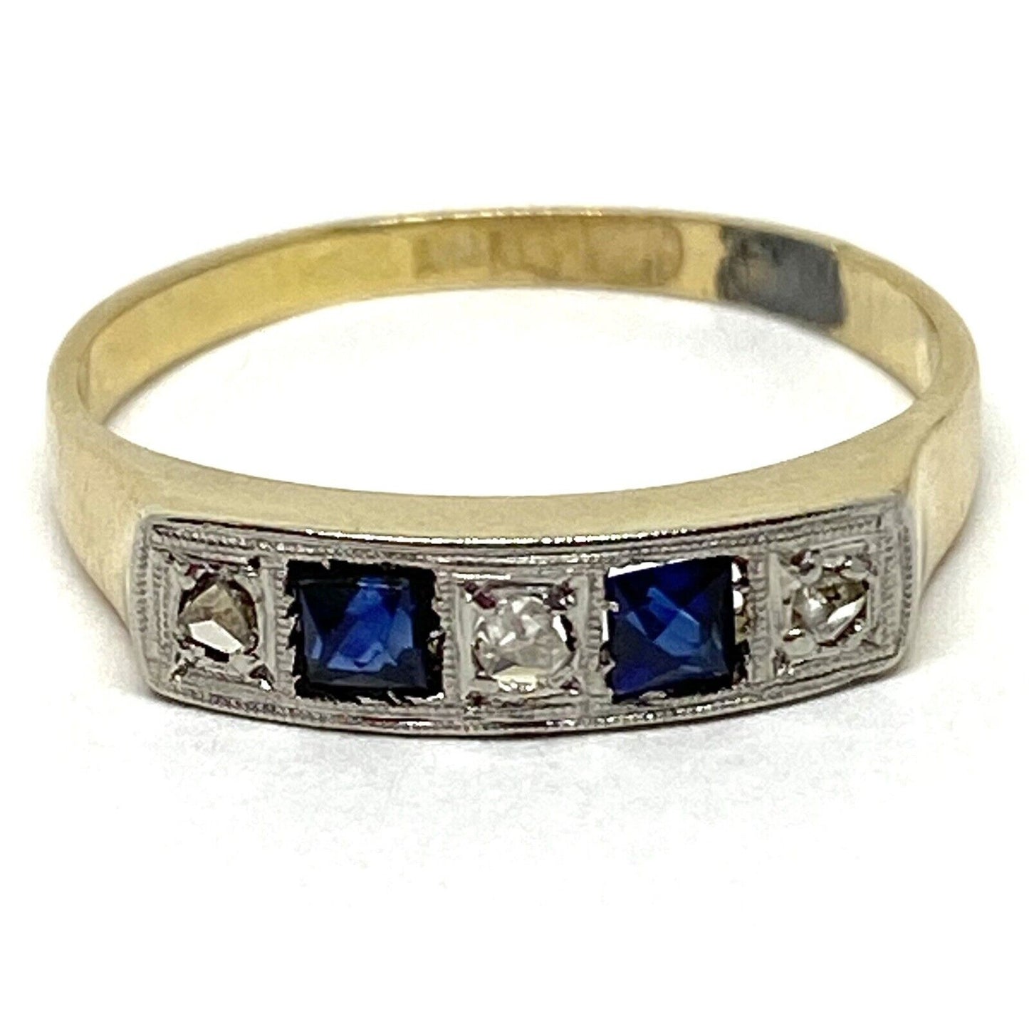 Estate Vintage Diamond Sapphire 18K Gold Two Tone Band Ring 3 Grams.