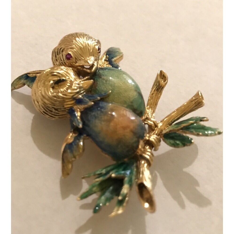 Solid Yellow Gold 18K Enamel Birds Brooch/Pin Vintage