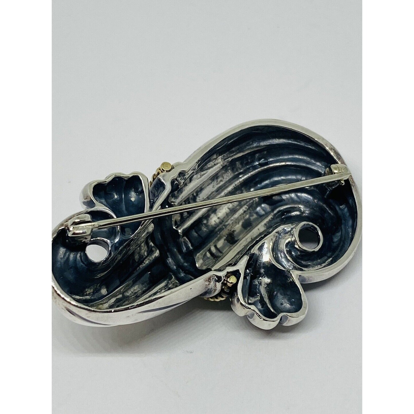 Vintage Lagos Caviar Sterling Silver 18K Gold Fluted Scroll Brooch XL 2” Long