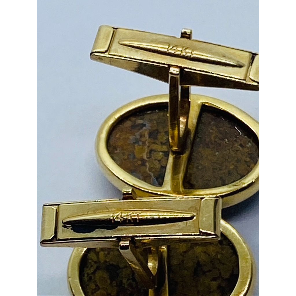 Jasper 14K Gold Oval Cabochon Mens Cufflinks 13.8 Grams 22x17MM