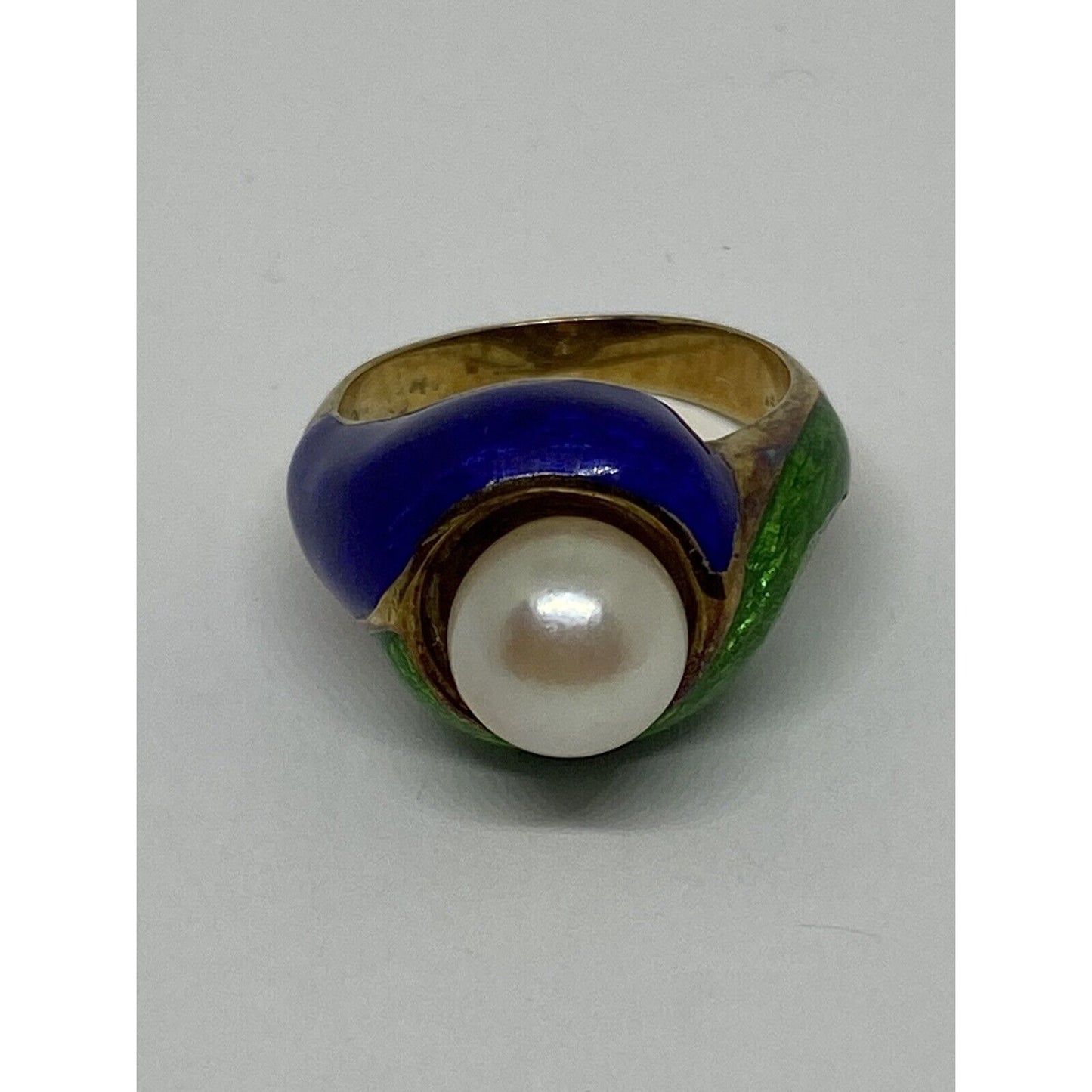 Vintage Pearl Ring Blue Green Enamel 14K Yellow Gold Estate Retro 7.5mm Pearl