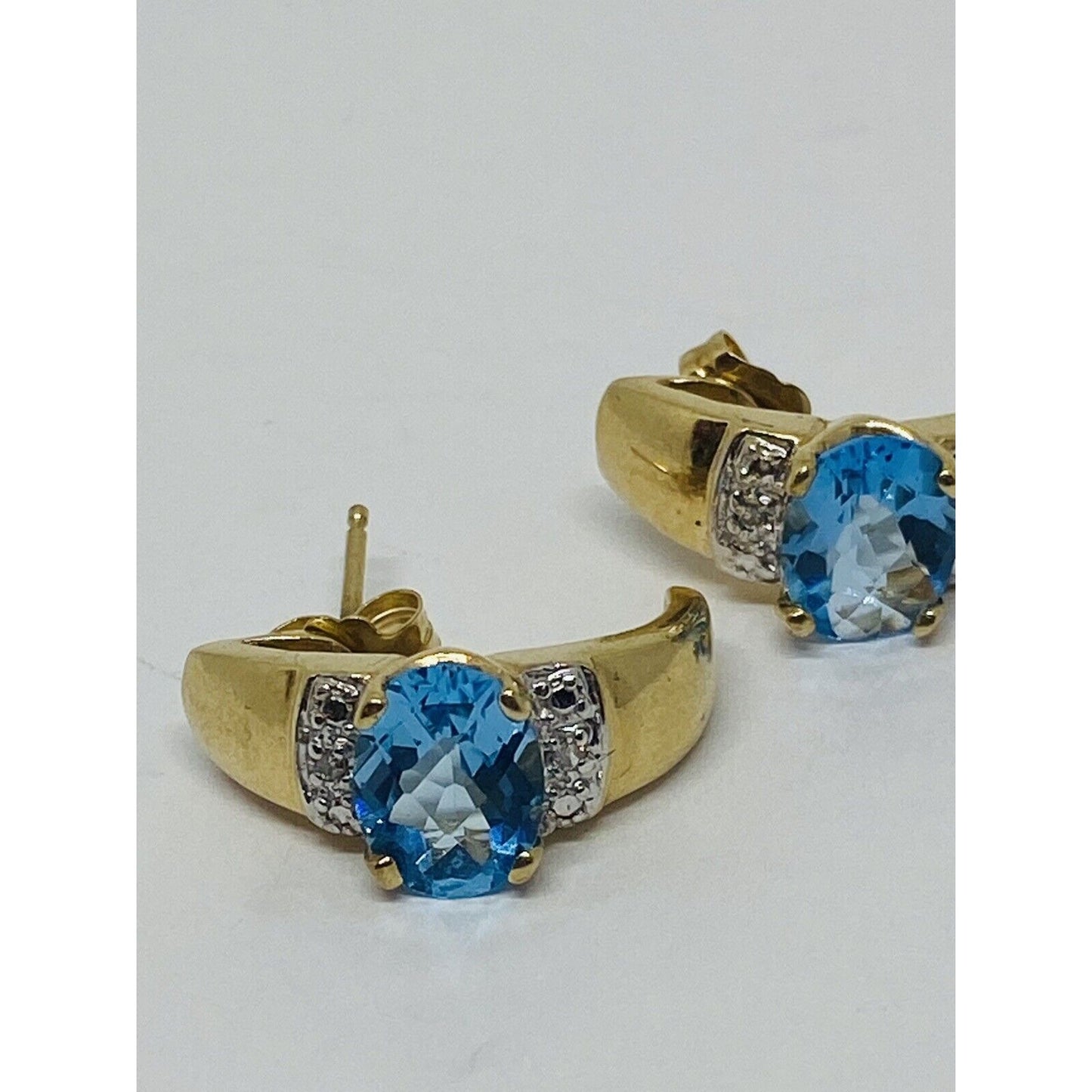 10K Yellow Gold Blue Topaz Diamond Earrings Half Hoop