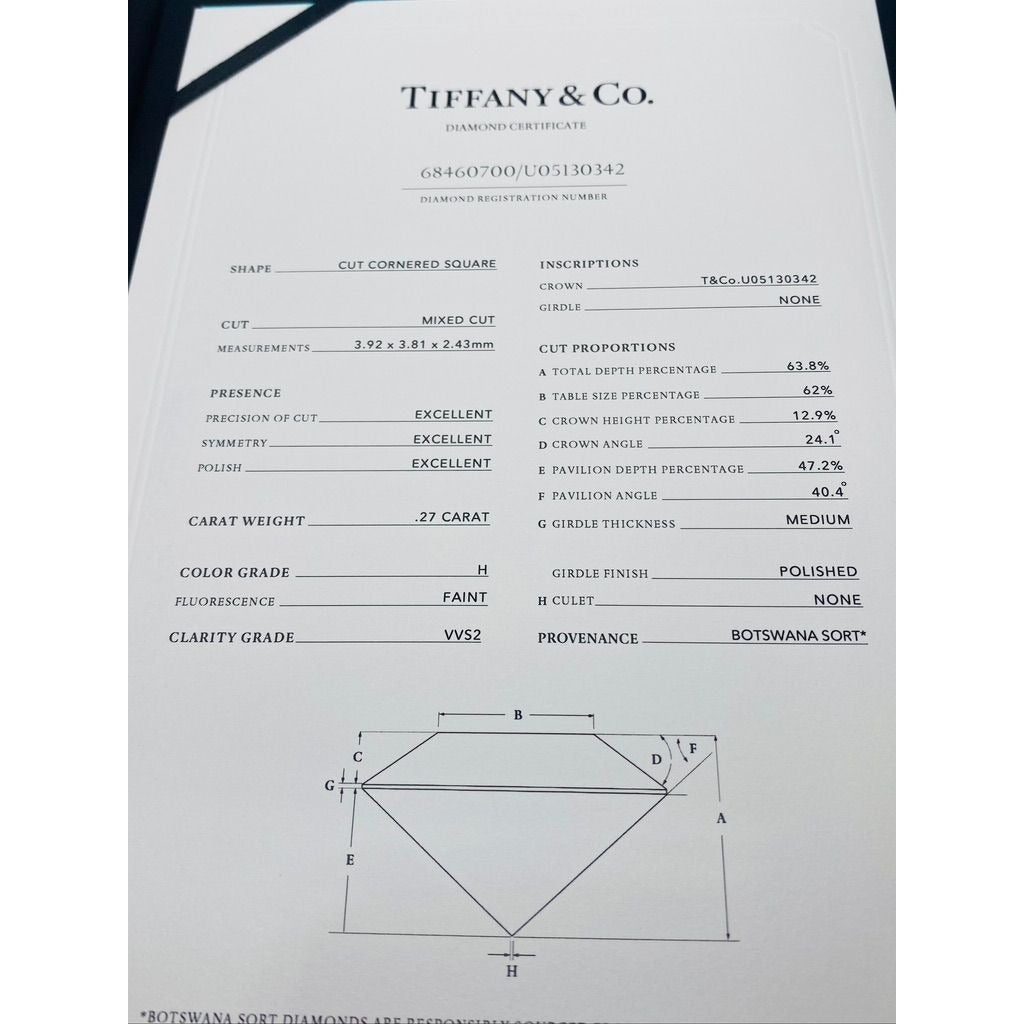 Tiffany & Co Tru Cut Engament Ring .27CTW Platinum Ring Size 4.5 VVS2