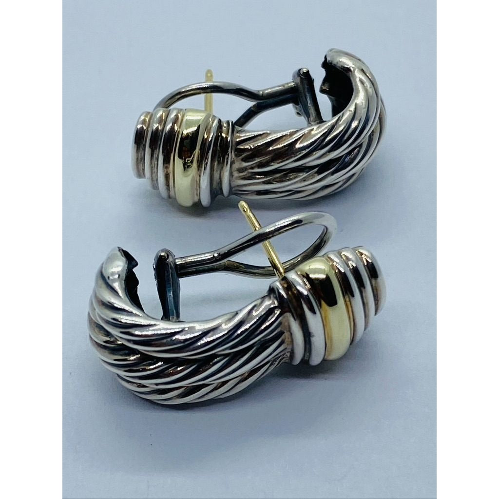 David Yurman Triple Cable Two-toned Pierced Hinge Clip Earrings 14K Sterling 925