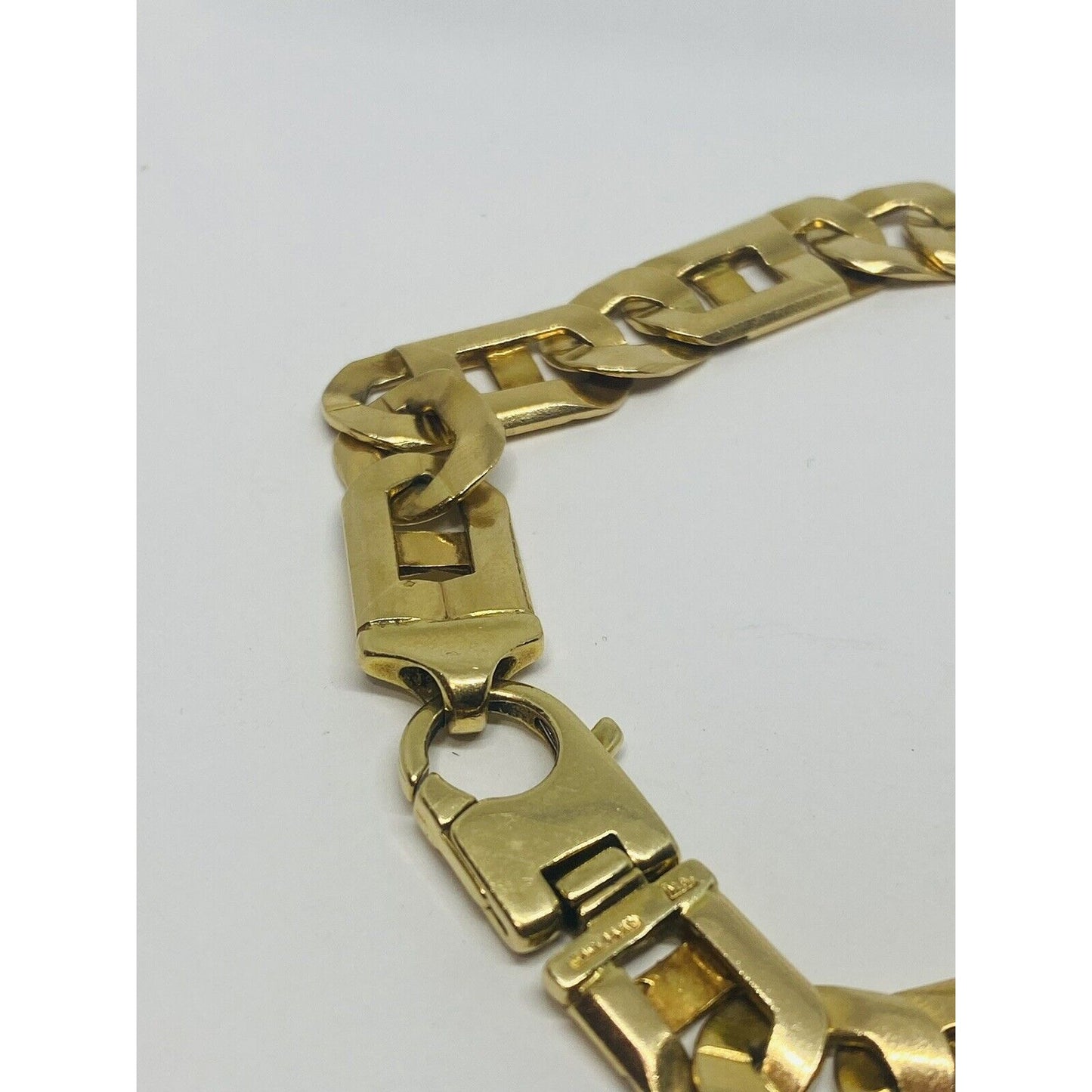 14k Solid Yellow Gold GREEK KEY-TIGER EYE Link Mens Bracelet 9” 37.5 Grm 10.5MM