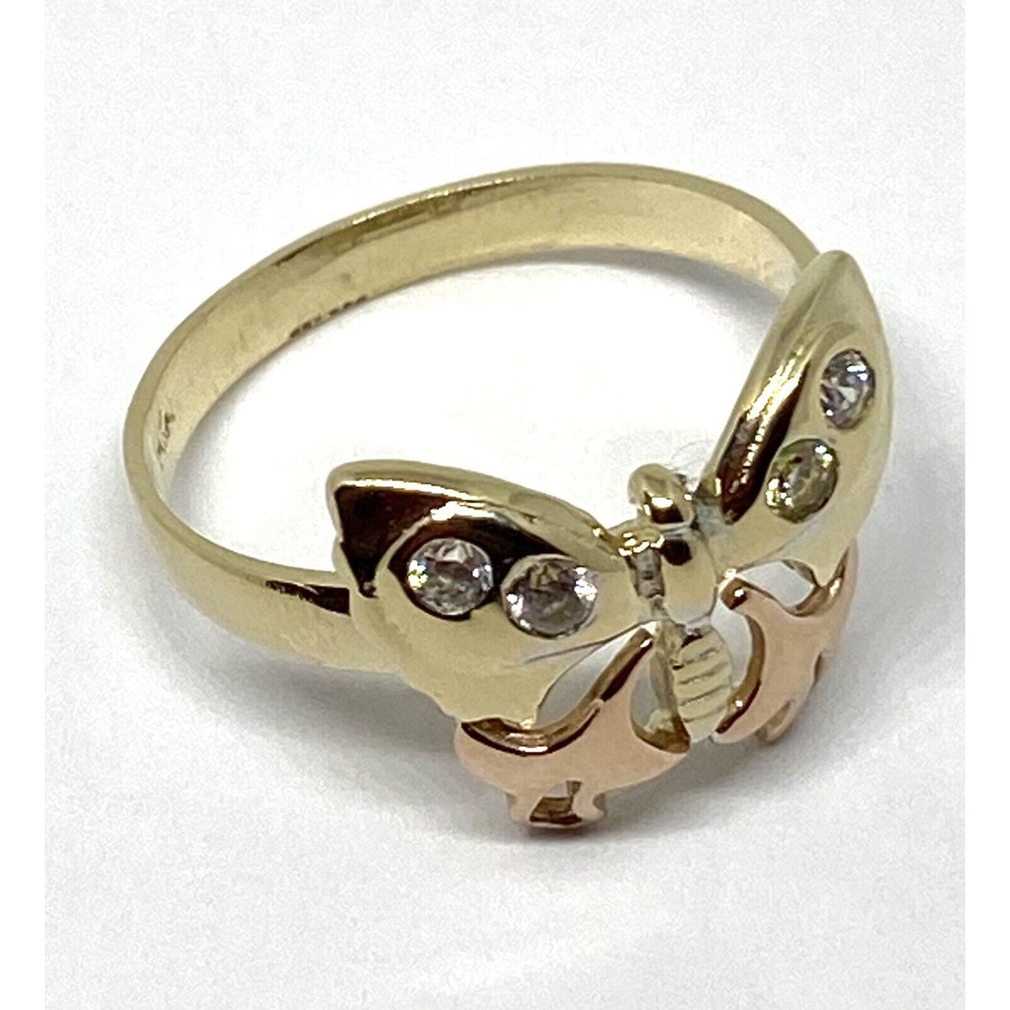 14K Solid Yellow Gold Beautiful Tri Color Butterfly CZ Ring. Size 6 3/4