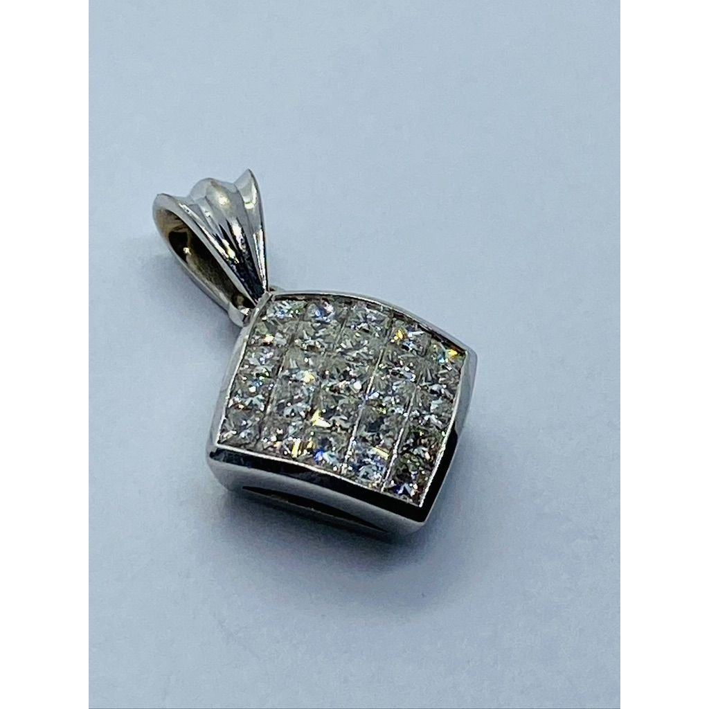 MODERN PRINCESS CUT INVISIBLE DIAMOND NECKLACE PENDANT CHARM 14K WHITE GOLD