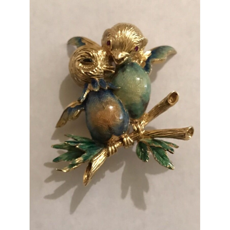 Solid Yellow Gold 18K Enamel Birds Brooch/Pin Vintage