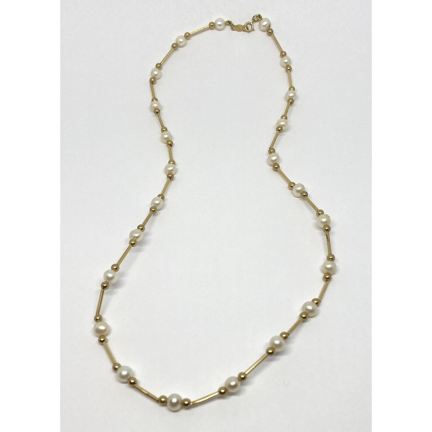Vintage 14k Yellow Gold Pearl Station Link Necklace 17” 5MM Pearls